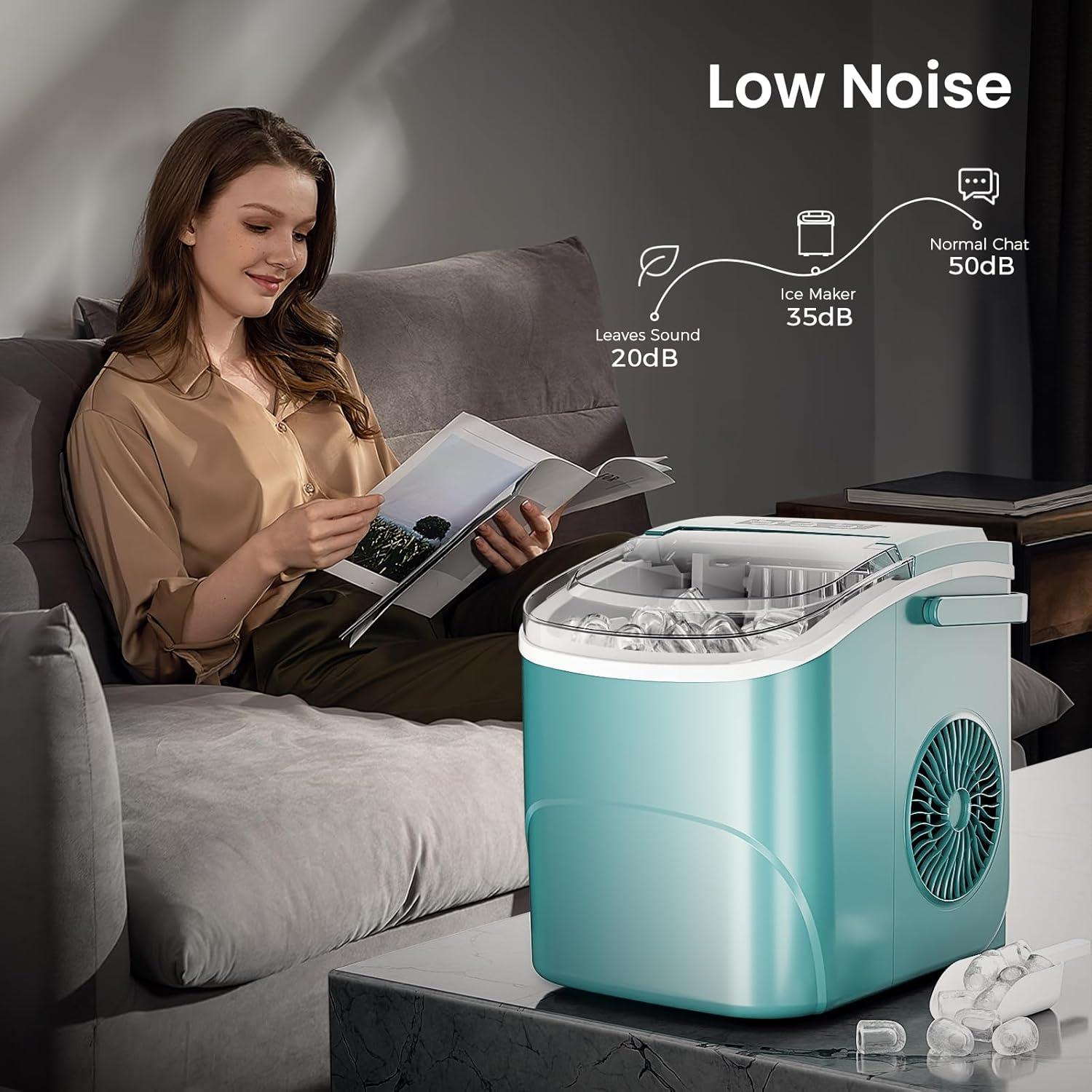 R.W.FLAME Ice Makers Countertop with Handle,26.5Lbs/24H,9 Cubes in 6 Mins,2 Sizes of Bullet Ice,Portable Ice Maker Machine with Self-Cleaning, green