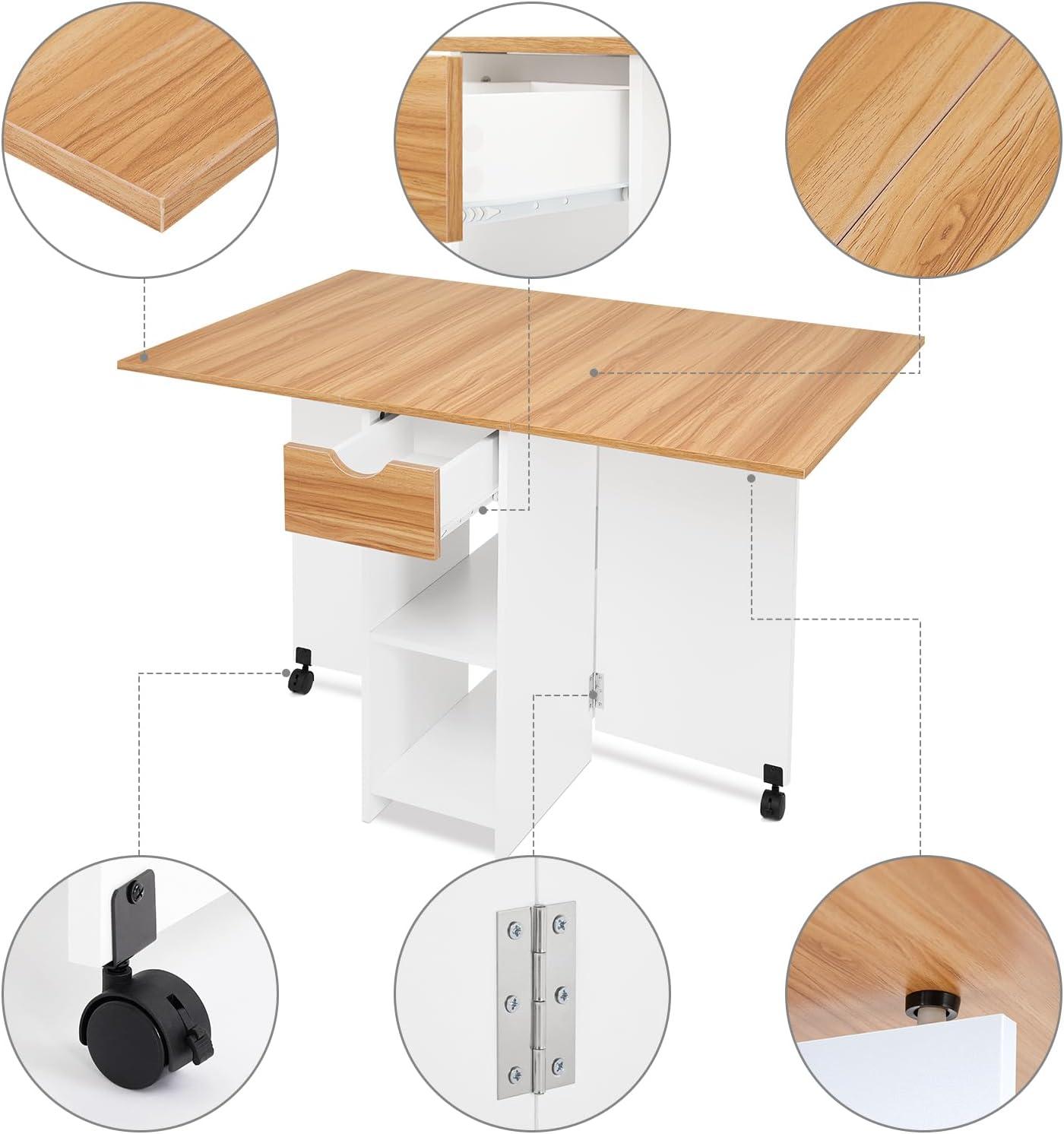 Mobile Folding Dining Table, Drop Leaf Table with 1 Drawer and 2 Open Storage Shelves for Small Space Dining Room Kitchen, White & Red Oak
