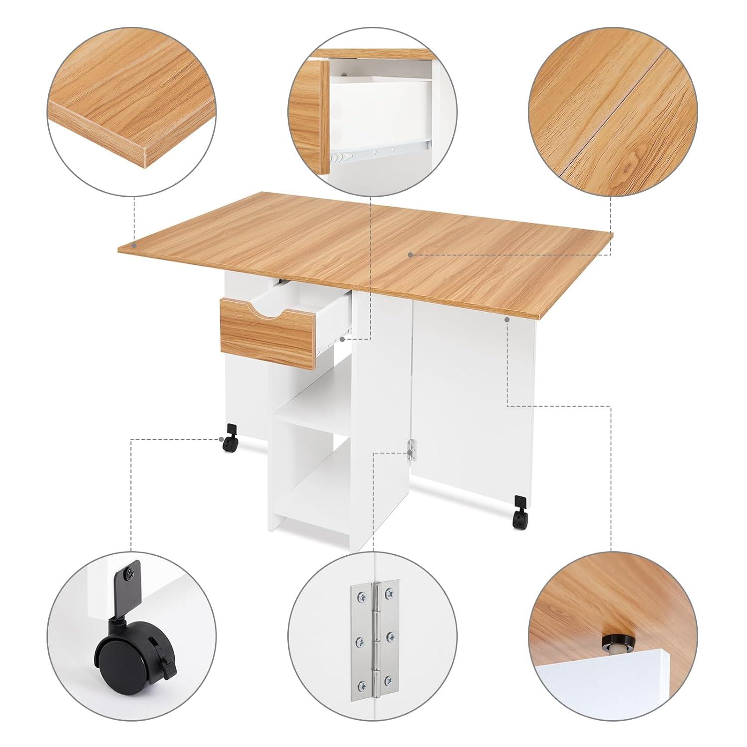 Mobile Folding Dining Table, Drop Leaf Table with 1 Drawer and 2 Open Storage Shelves for Small Space Dining Room Kitchen, White & Red Oak