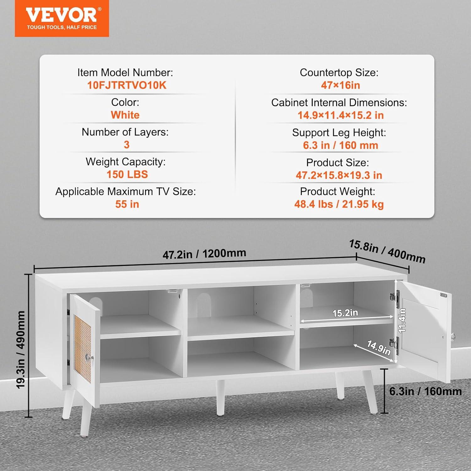 VEVOR Rattan Mid Century Modern TV Stand, Boho TV Console for 55 inch TV, White