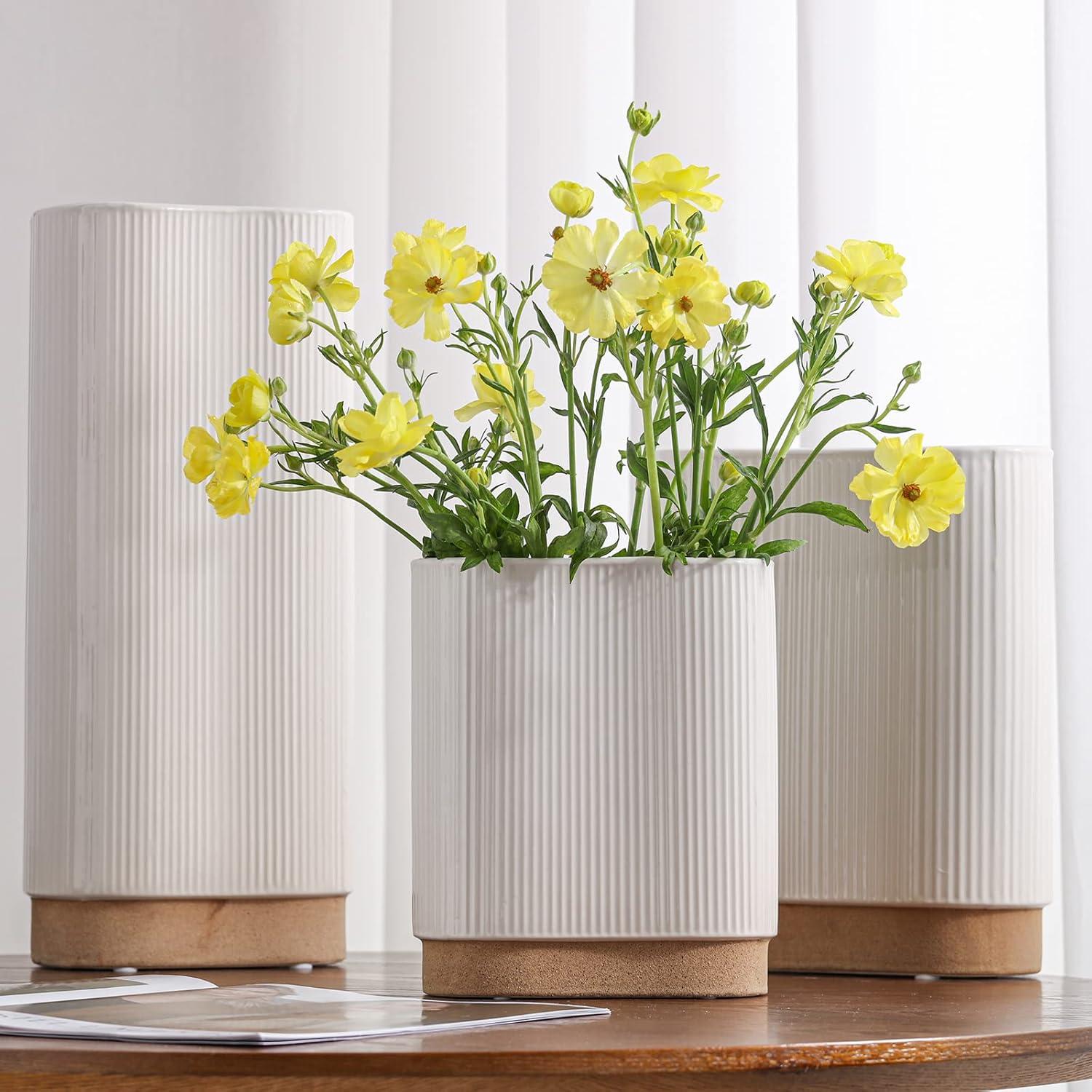 hjn White Vase for Flowers, Ceramic vase for Home Decor French Rustic Vase for Kitchen/Table/Living Room/Shelf/Mantel/Office-Height-6.8"