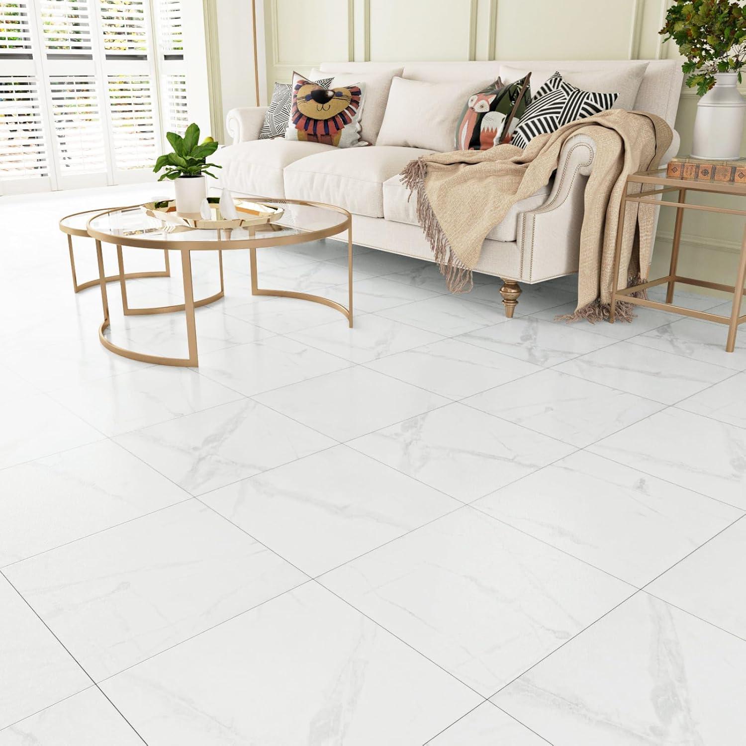 WESTICK Marble White Peel and Stick Floor Tile Waterproof Vinyl Tiles Peel and Stick Floor 12" x 12" Removable Self Adhesive Flooring Tiles for Bathroom Bedroom Kitchen Flooring Living Room Gym 5 PCS