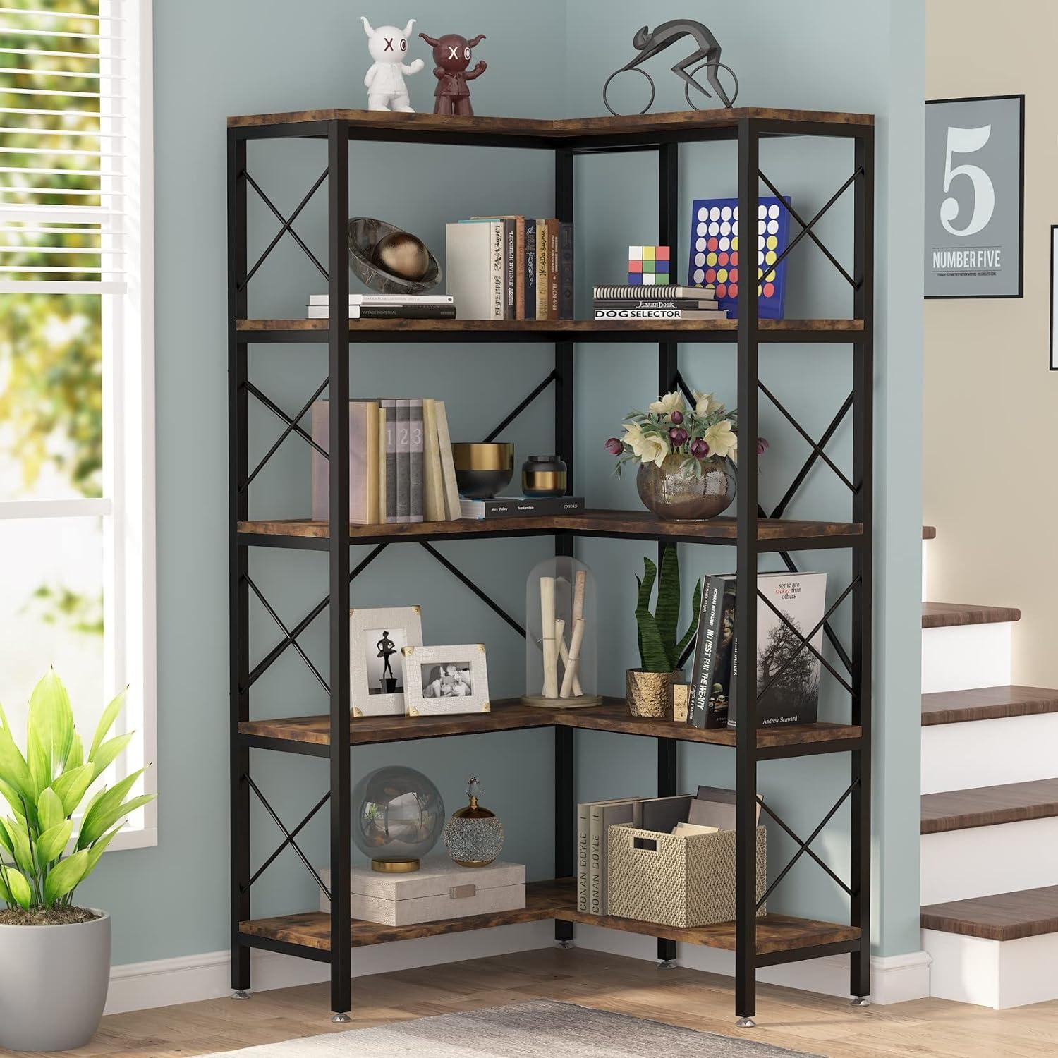 Hommoo 5-Shelf Corner Bookshelf, 65.7" Corner  Bookcase