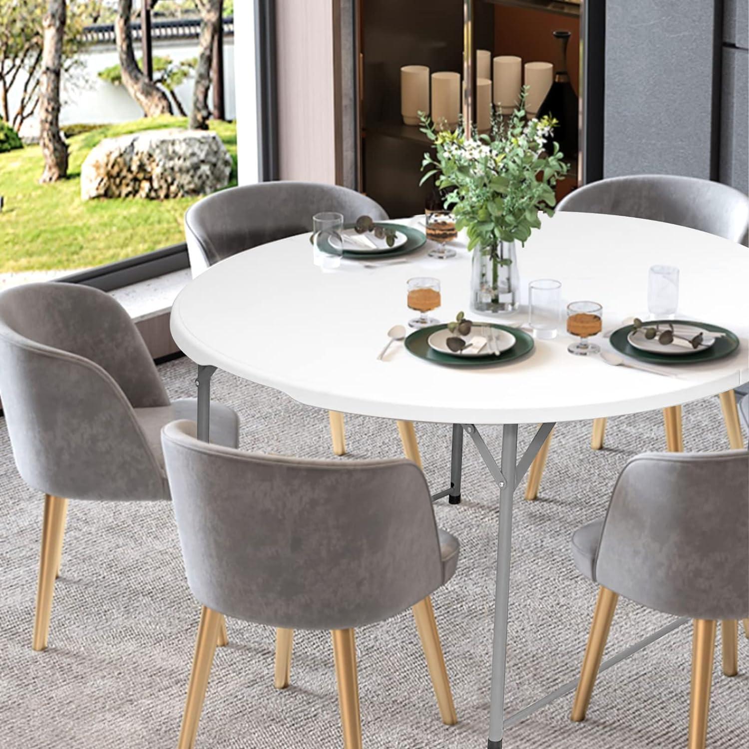 48'' Round Bi-Fold Granite White Plastic Folding Table - Heavy-Duty Plastic Folding Banquet Table