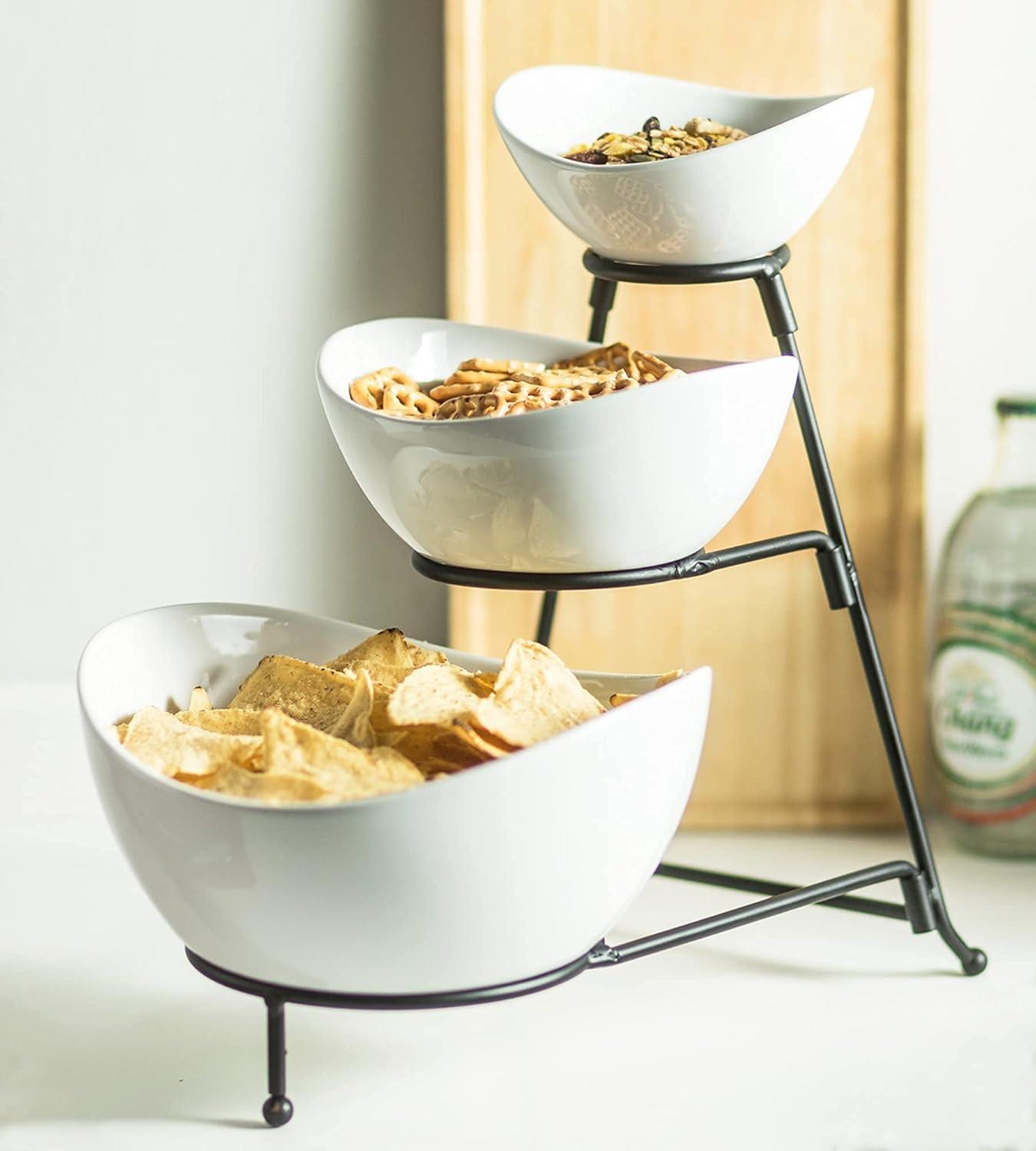 3-Tier Black Metal Rack with Oval White Ceramic Bowls