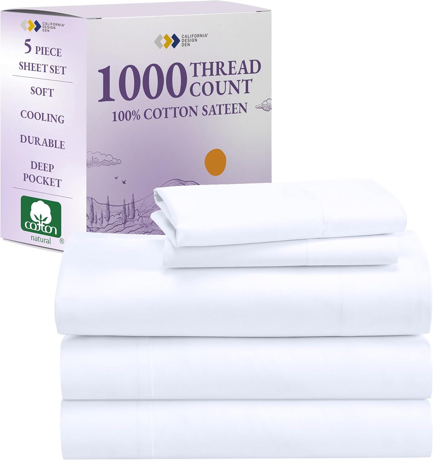 Luxury 1000 Thread Count Bed Sheets Set - 100% Cotton Sateen - Soft, Thick & Deep Pocket by California Design Den