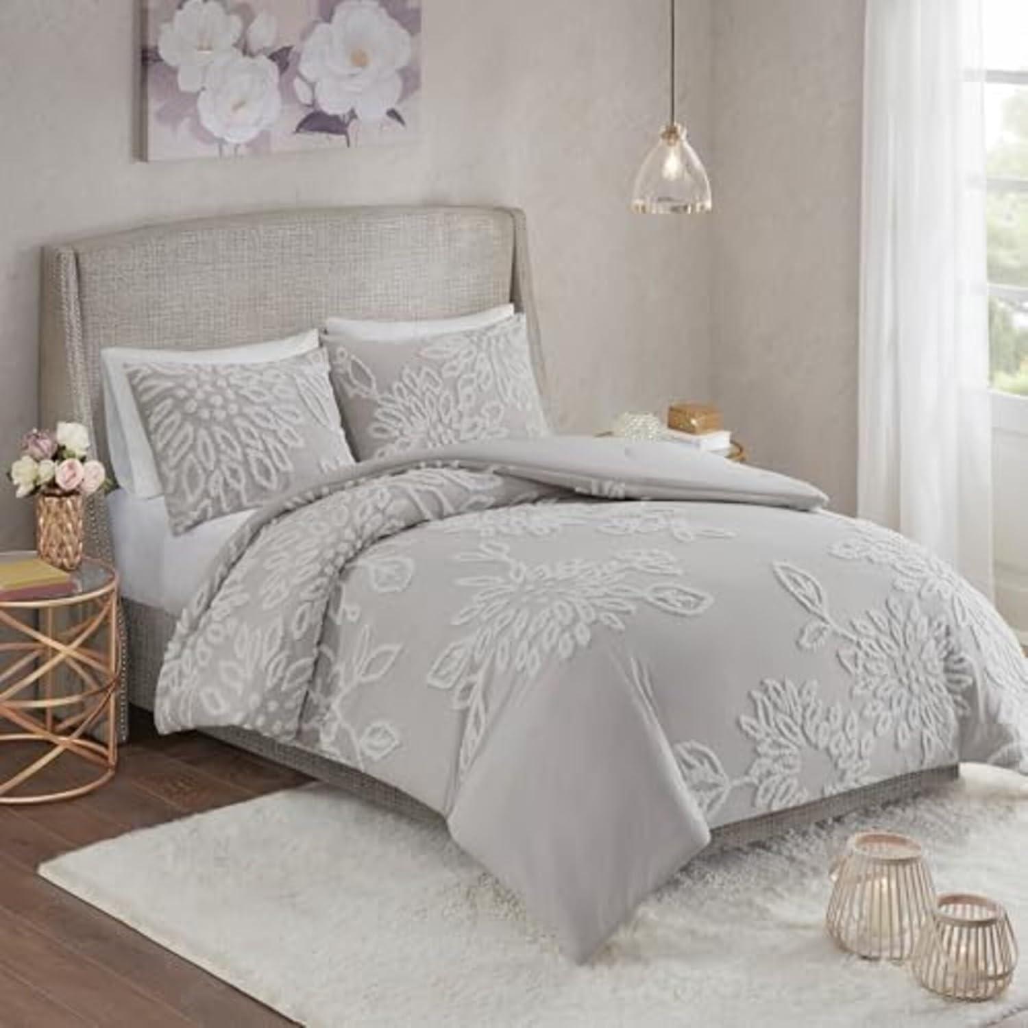 3pc King/California King Danica Tufted Chenille Floral Comforter Set Gray/White - Madison Park
