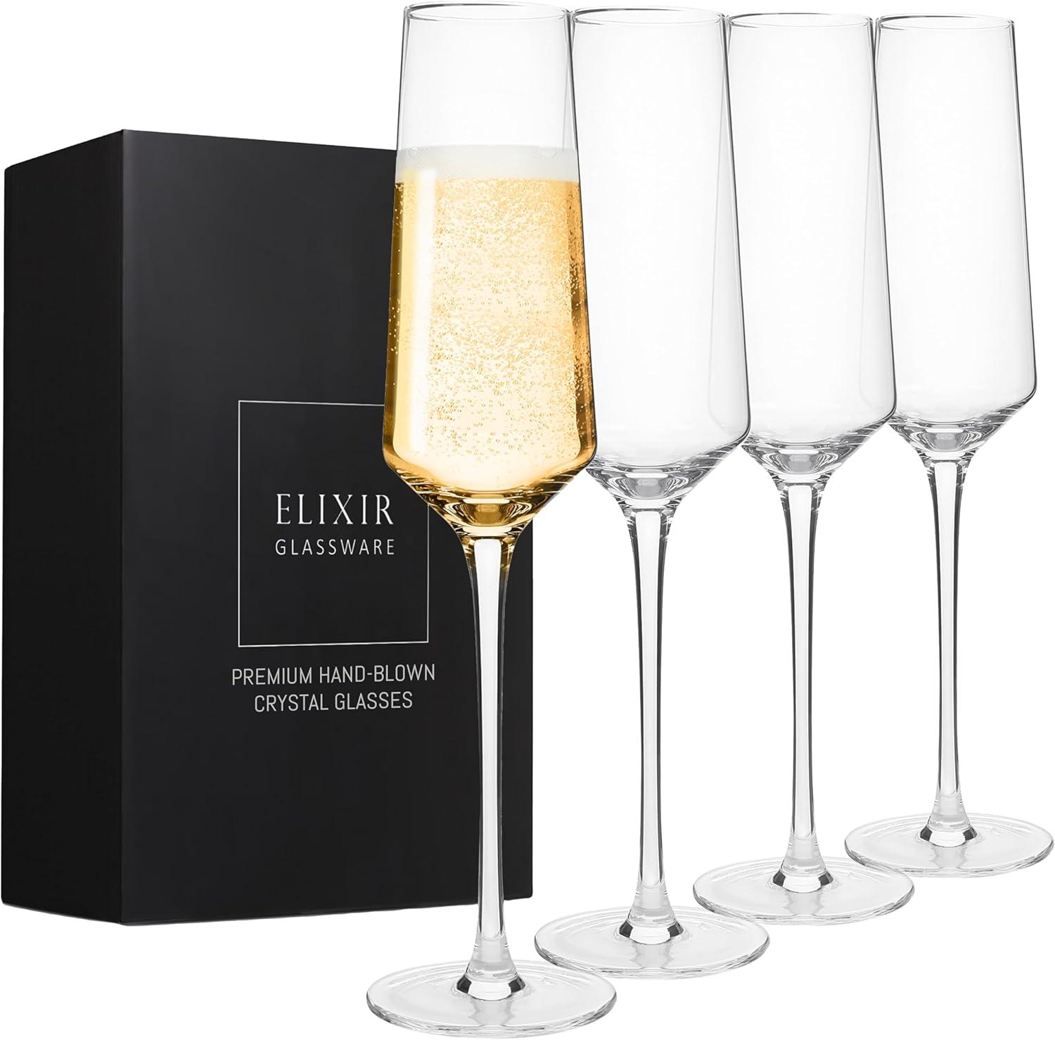 Elixir Hand Blown Crystal Champagne Flutes, Set of 4, 8oz