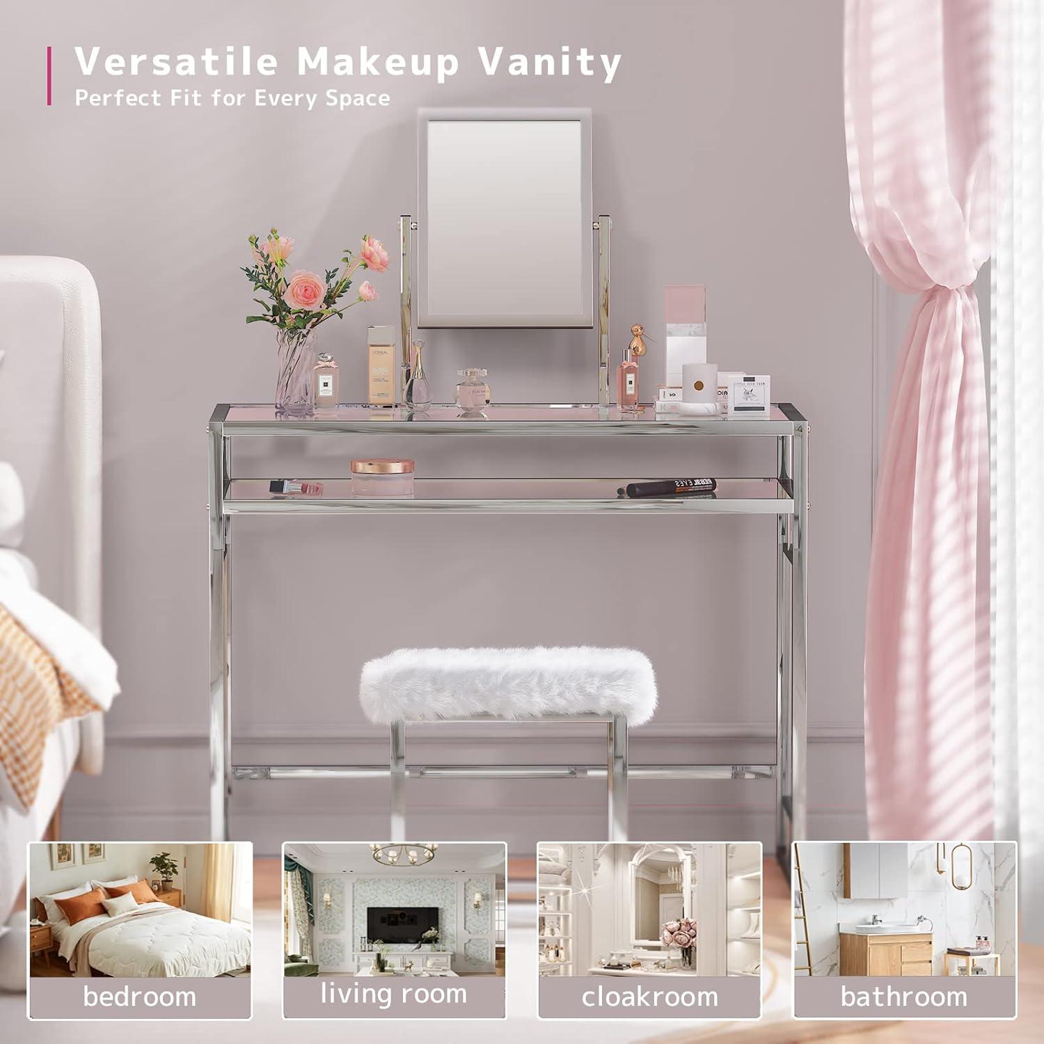 Acme Furniture Carenze Ii Vanity Table White Faux Fur/Chrome Finish