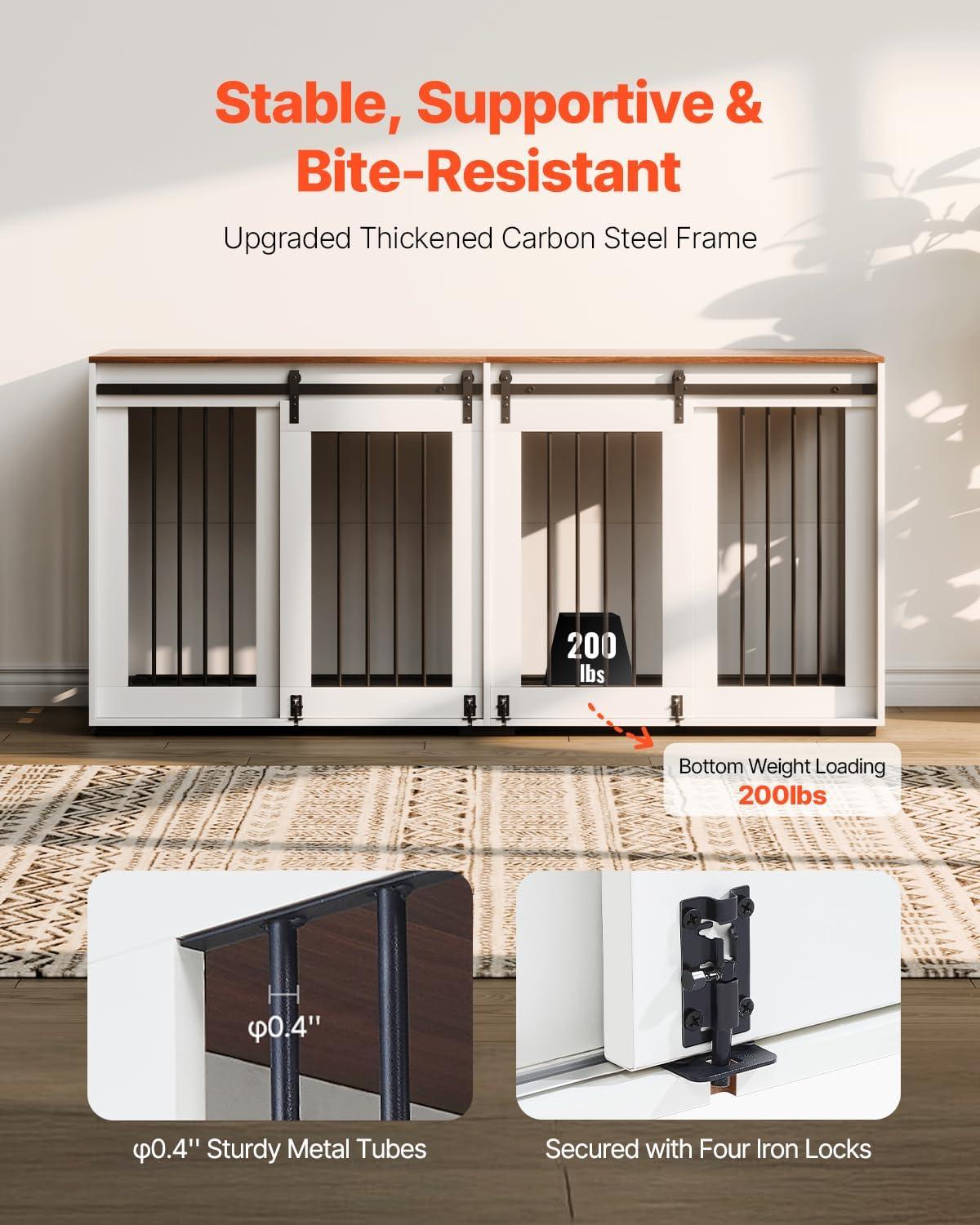 VEVOR 72"Dog Crate Furniture for 2 Dogs,Double Dog Crate Furniture with Double Sliding Doors,Large Dog Crate TV Stand with Removable Tray,Steel Frame Double Dog Crate for Small,Medium,Large Dogs White