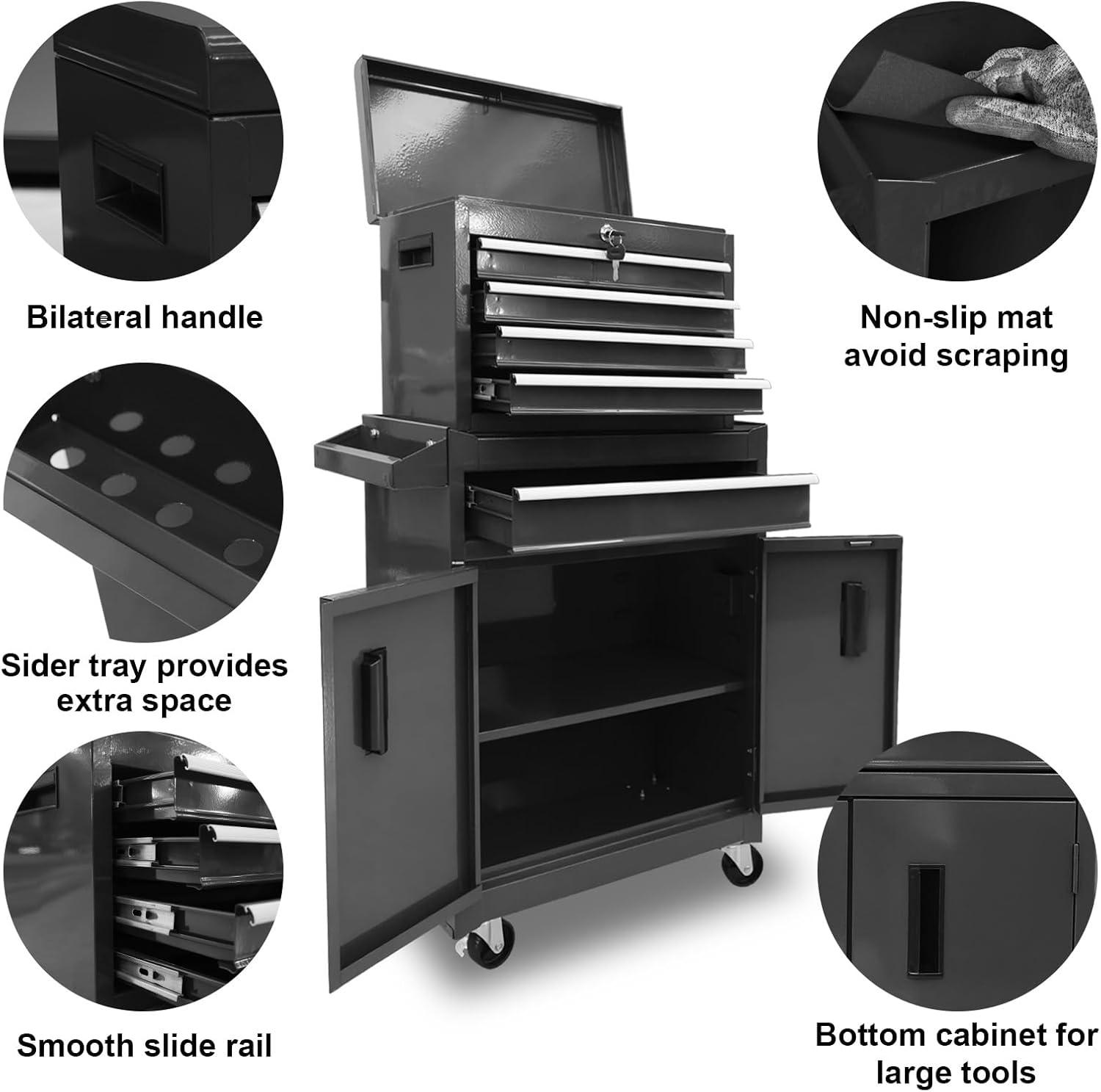 Black 5-Drawer Rolling Steel Tool Chest with Lockable Cabinet