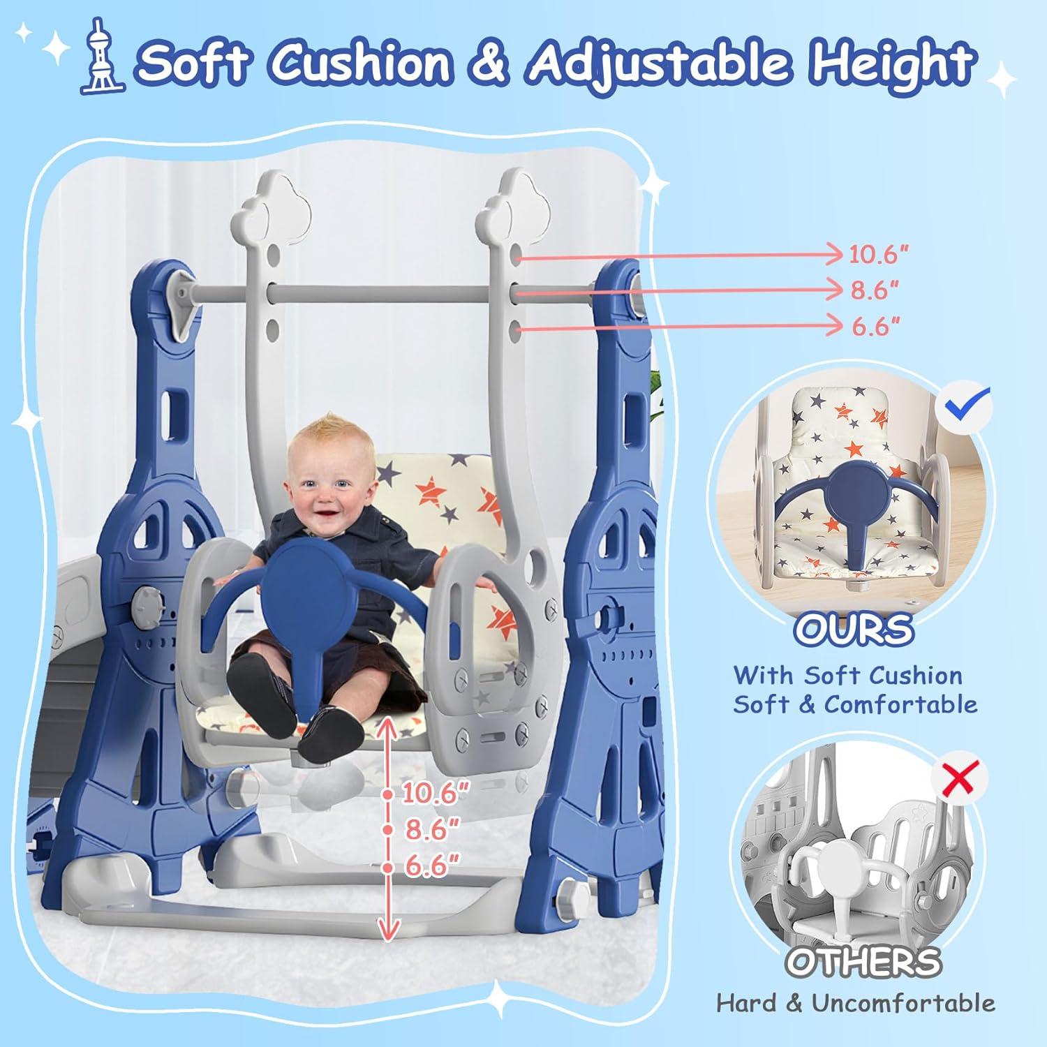 BIERUM 4 in 1 Toddler Slide and Swing Set, Kid Slide for Toddlers Age 1-2, Baby Slide with Basketball Hoop, Indoor Outdoor Slide Toddler Playset Toddler Playground Blue