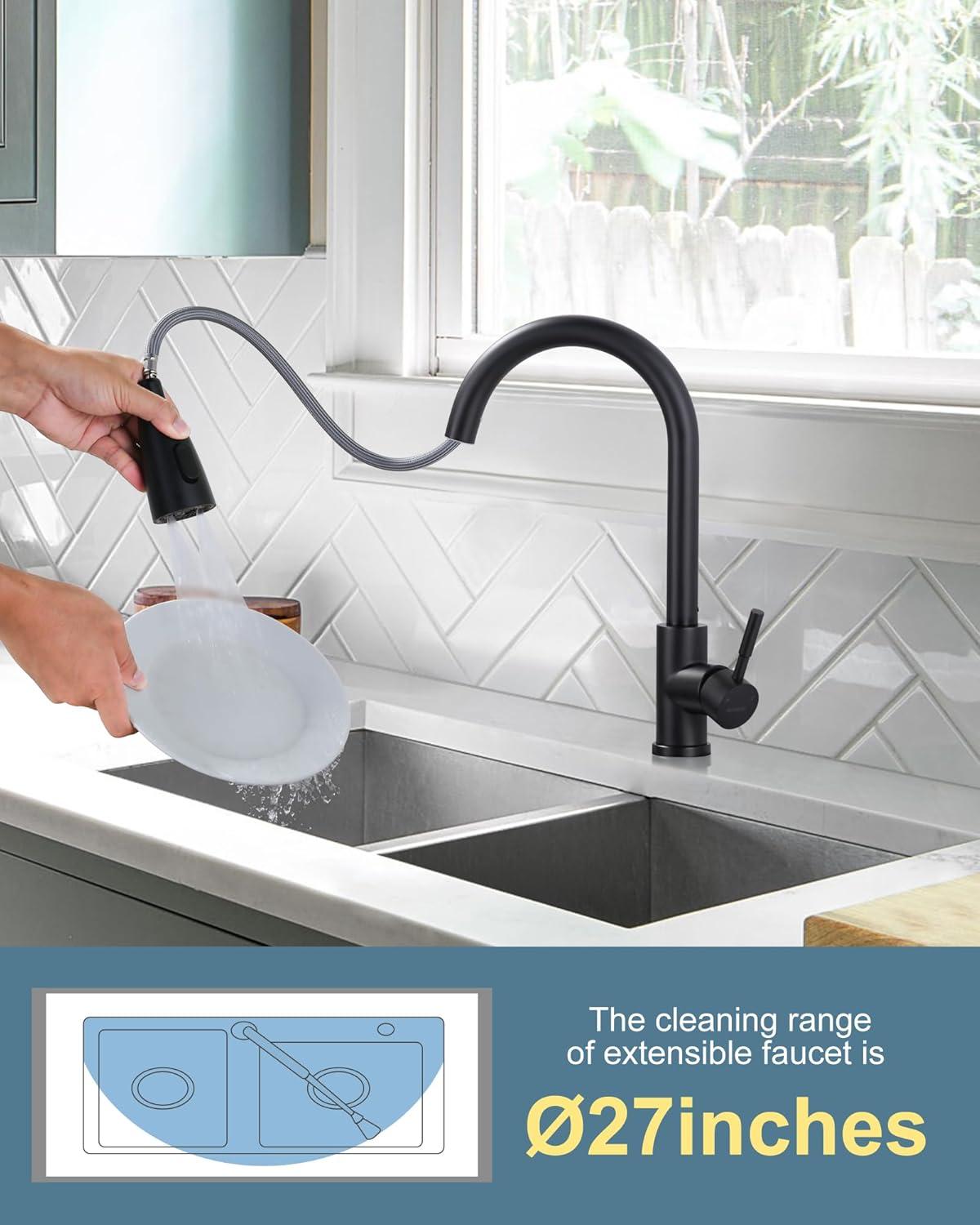 WOWOW Pull Down Kitchen Sink Faucet with Sprayer Stainless Steel Black 1 Handle Kitchen Faucets