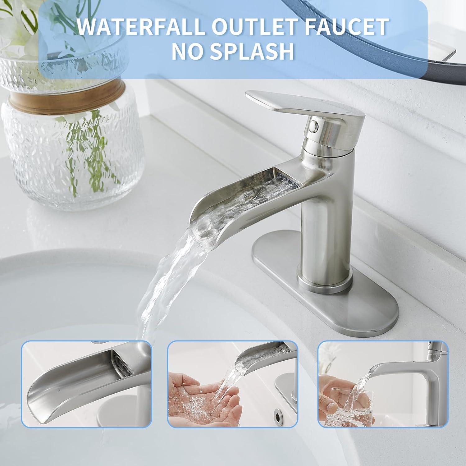 Brushed Nickel Single Handle Waterfall Bathroom Faucet with Pop-Up Drain