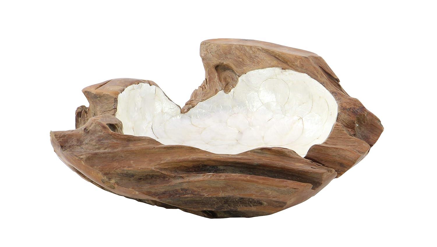 DecMode 16" Handmade Round Live Edge Free Form Brown Teak Wood Decorative Bowl with Capiz Interior