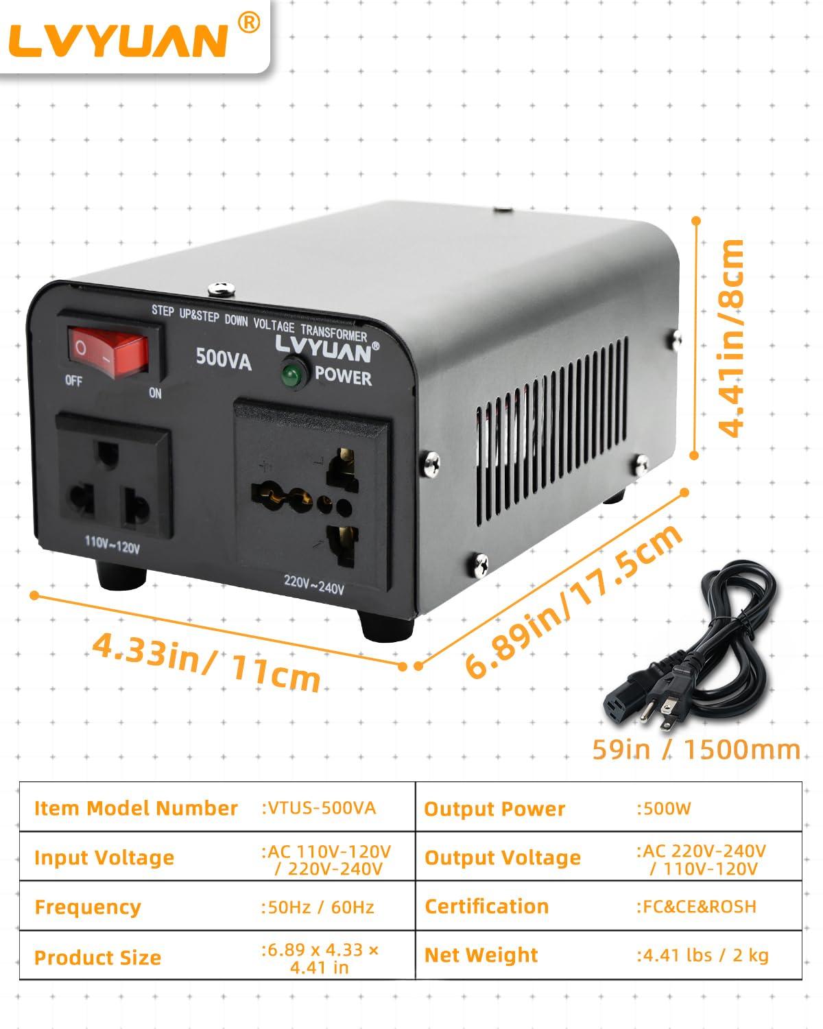 LVYUAN 500 Watt Voltage Transformer Converter Step Up/Down 110V 120V to 220V-240V / 220V-240V to 110V 120V
