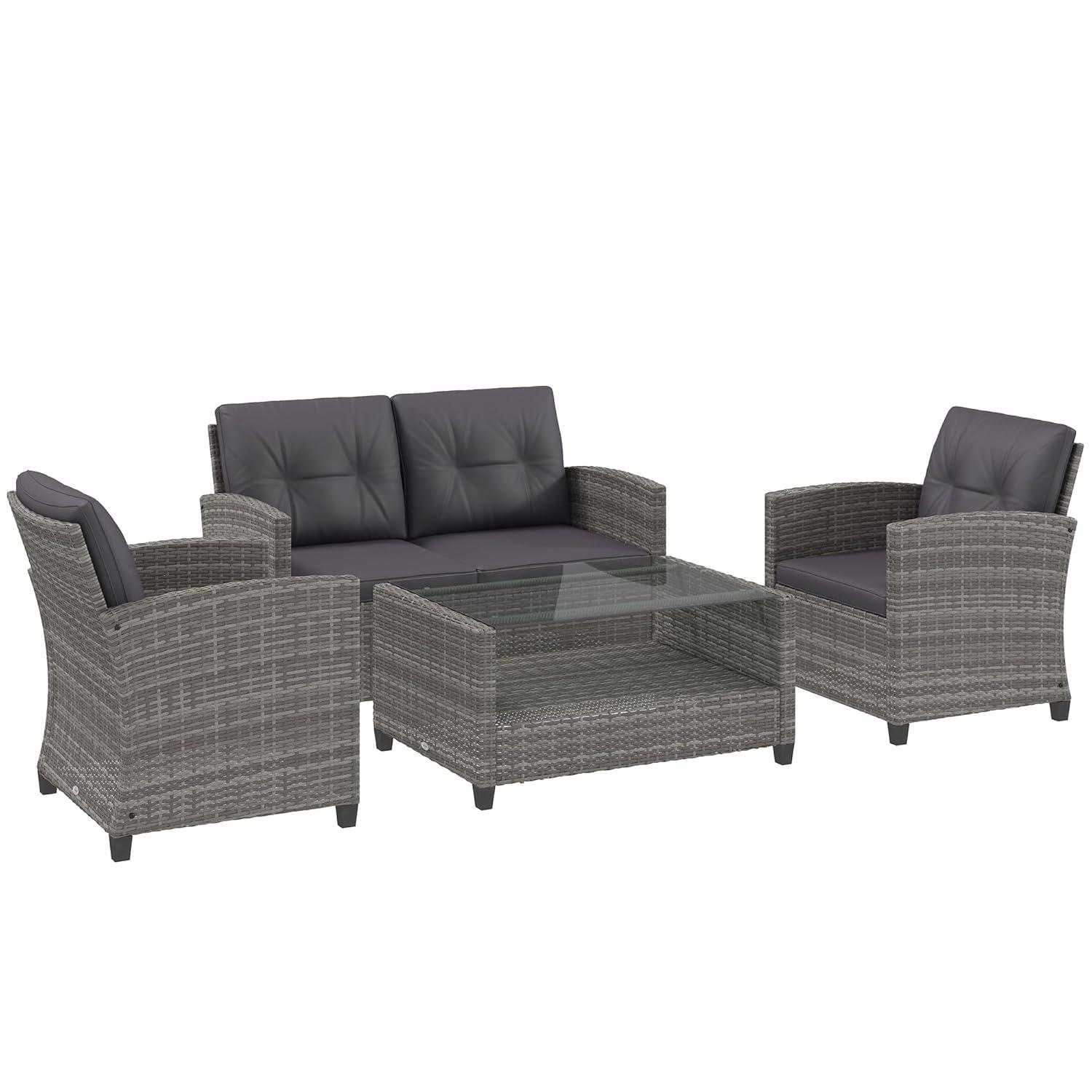 Outsunnny 4 Piece Patio Furniture Set, Outdoor Wicker Loveseat Sofa & Chairs, with 2-Tier Coffee Table & Tufted Cushions, Carbonized