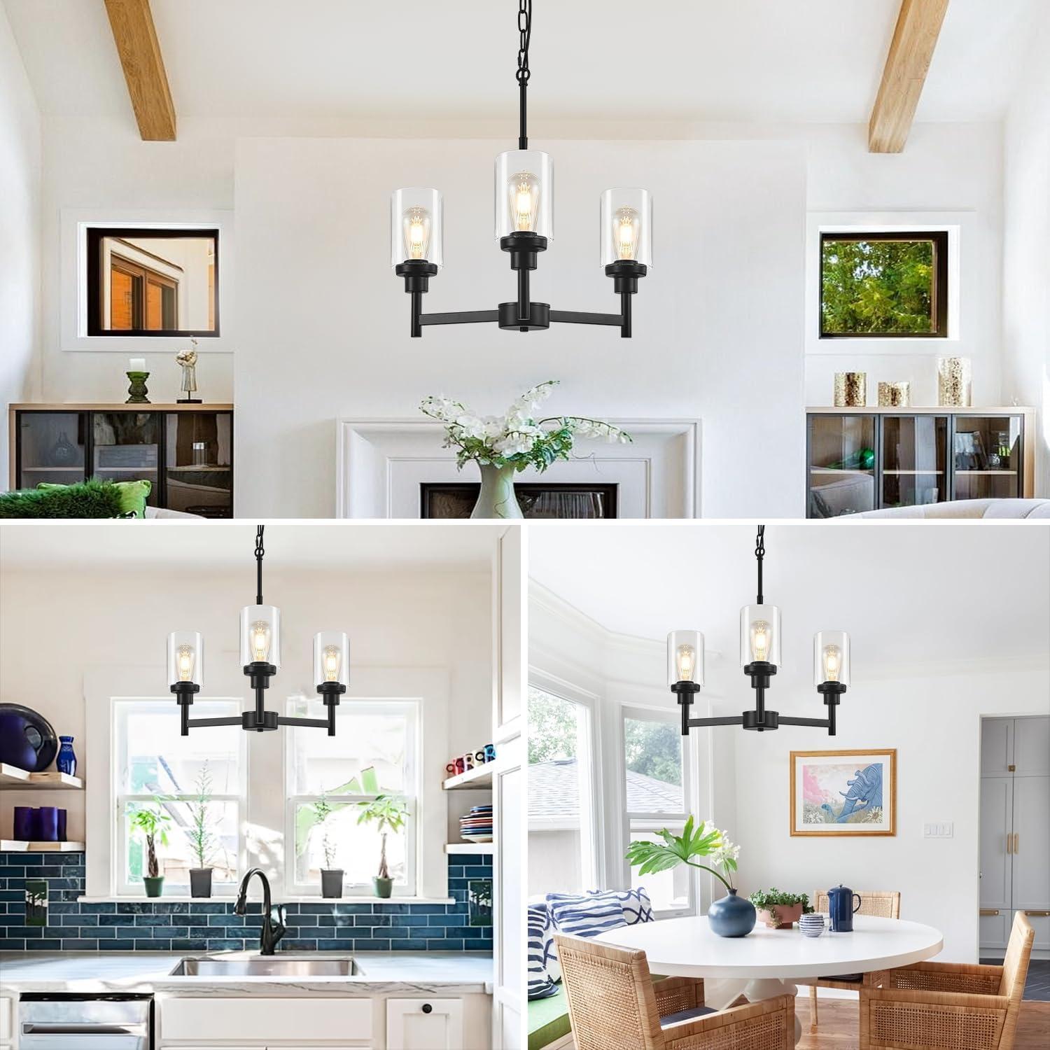 Black Chandelier for Dinning Room Living Room Island Kitchen Chandelier Light Fixtures Over Table, 3 Light Farmhouse Chandelier with Cylinder Clear Glass, Height Adjustable