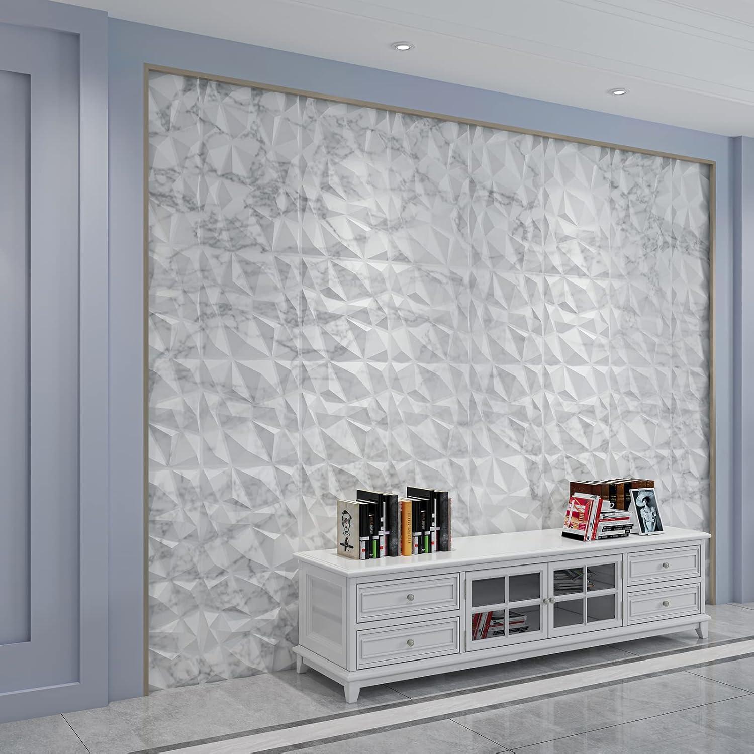 Glossy White Marble 3D Diamond Textured Wall Panels, 19.7" x 19.7", Pack of 12