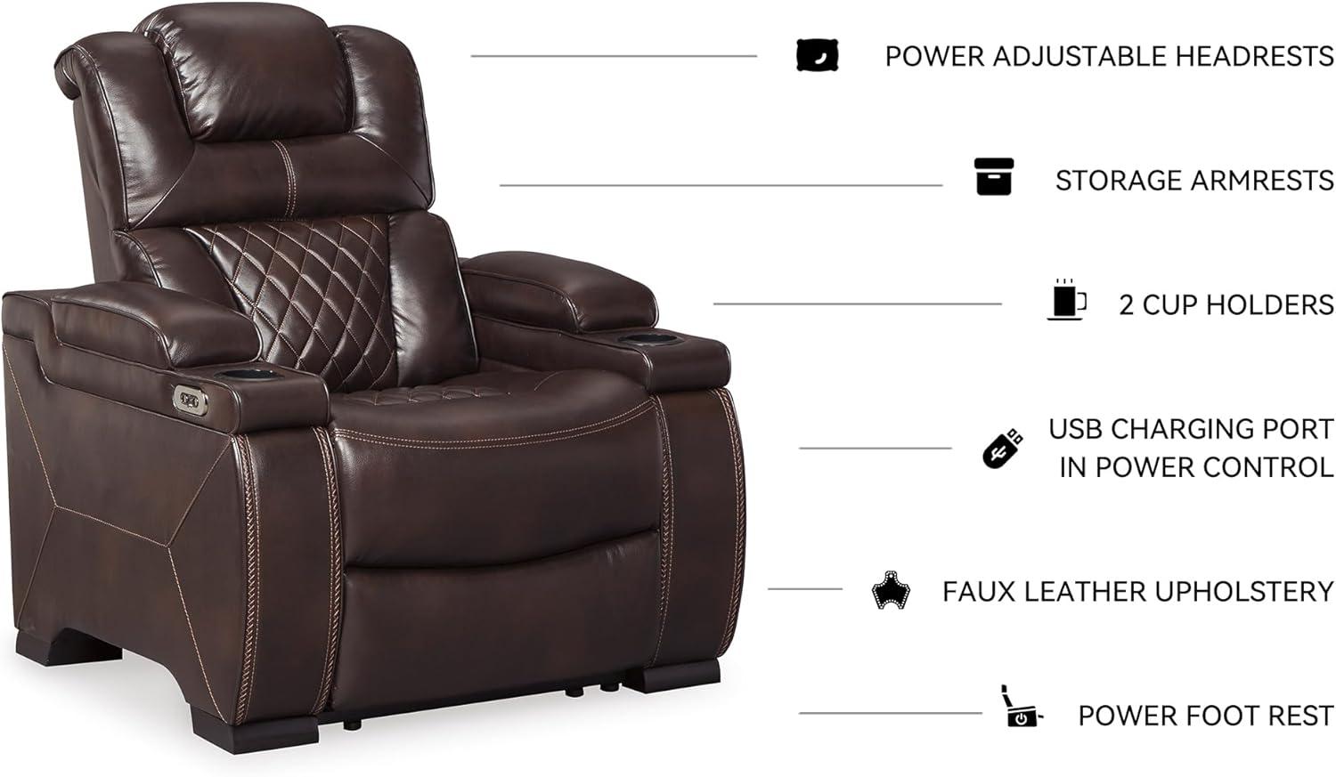 Warnerton Power Recliner with Adjustable Headrest Chocolate: USB Port, Cup Holder - Signature Design by Ashley