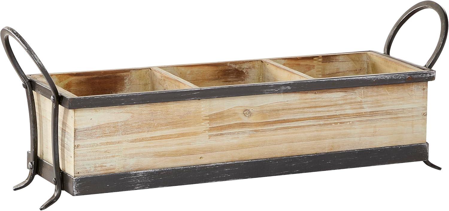 Rustic Pine-Finish Wood Tray with Iron Accents and Dividers, 24"x9"