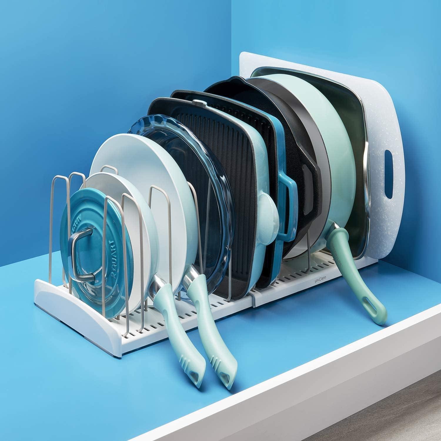 Adjustable White Expandable Cookware Rack with Steel Dividers