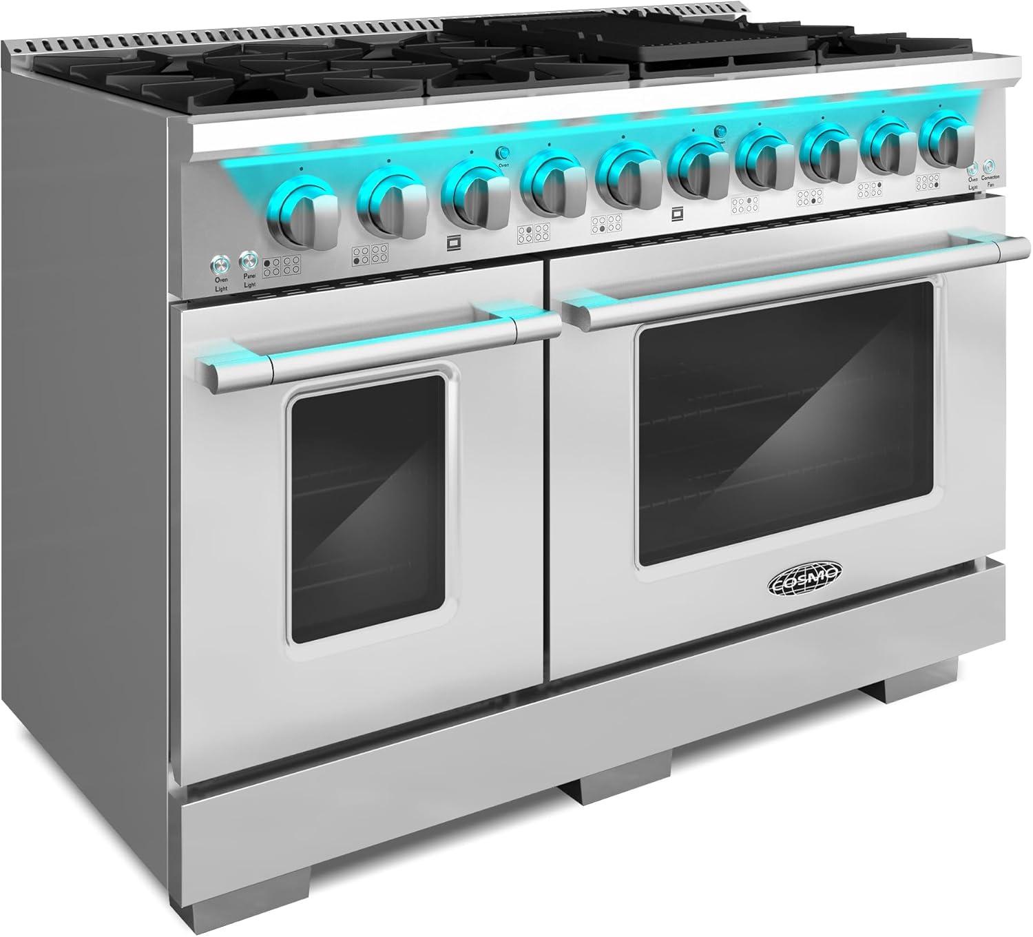Cosmo COS-DFRP488K Cosmo 48 In. Lumin Collection 5.5 Cu. Ft. Double Oven Dual Fuel Range With 8 Burners, Cast Iron Grates In Stainless Steel