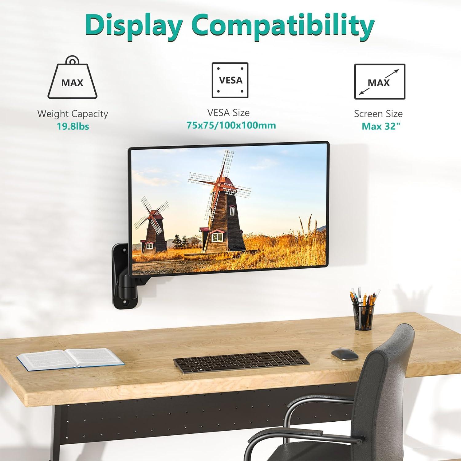 WALI Monitor Wall Mount, Computer Wall Mount Monitor Arm Fits 1 Screen up to 32 inch, Single Monitor Mount Holds up to 19.8lbs, Gas Spring Monitor Arm Max Extension 13.4 inch,(GSWM001S), Black