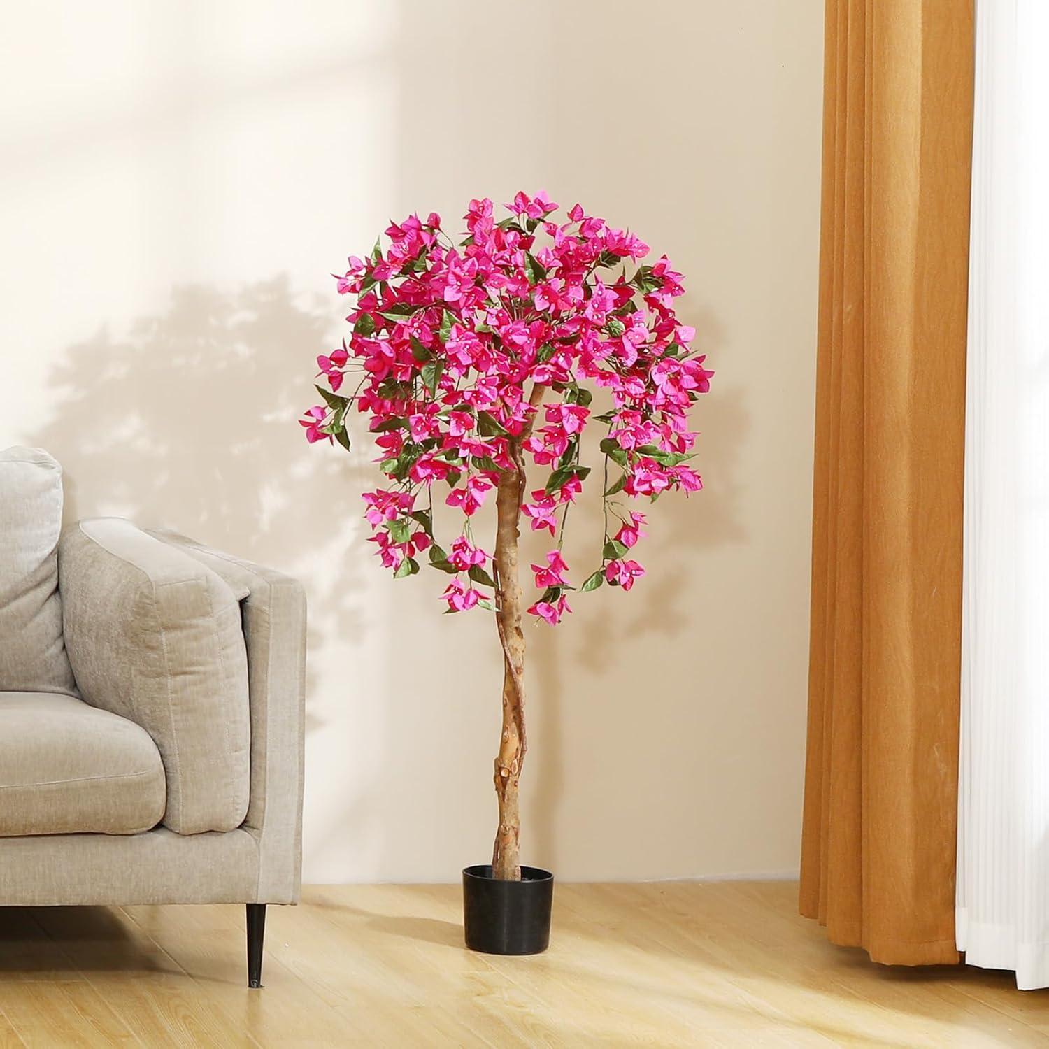 5FT Artificial Bougainvillea Tree Potted Fake Plant with Wood Trunk and Pink Flowers for Indoor Office Wedding Home Decor