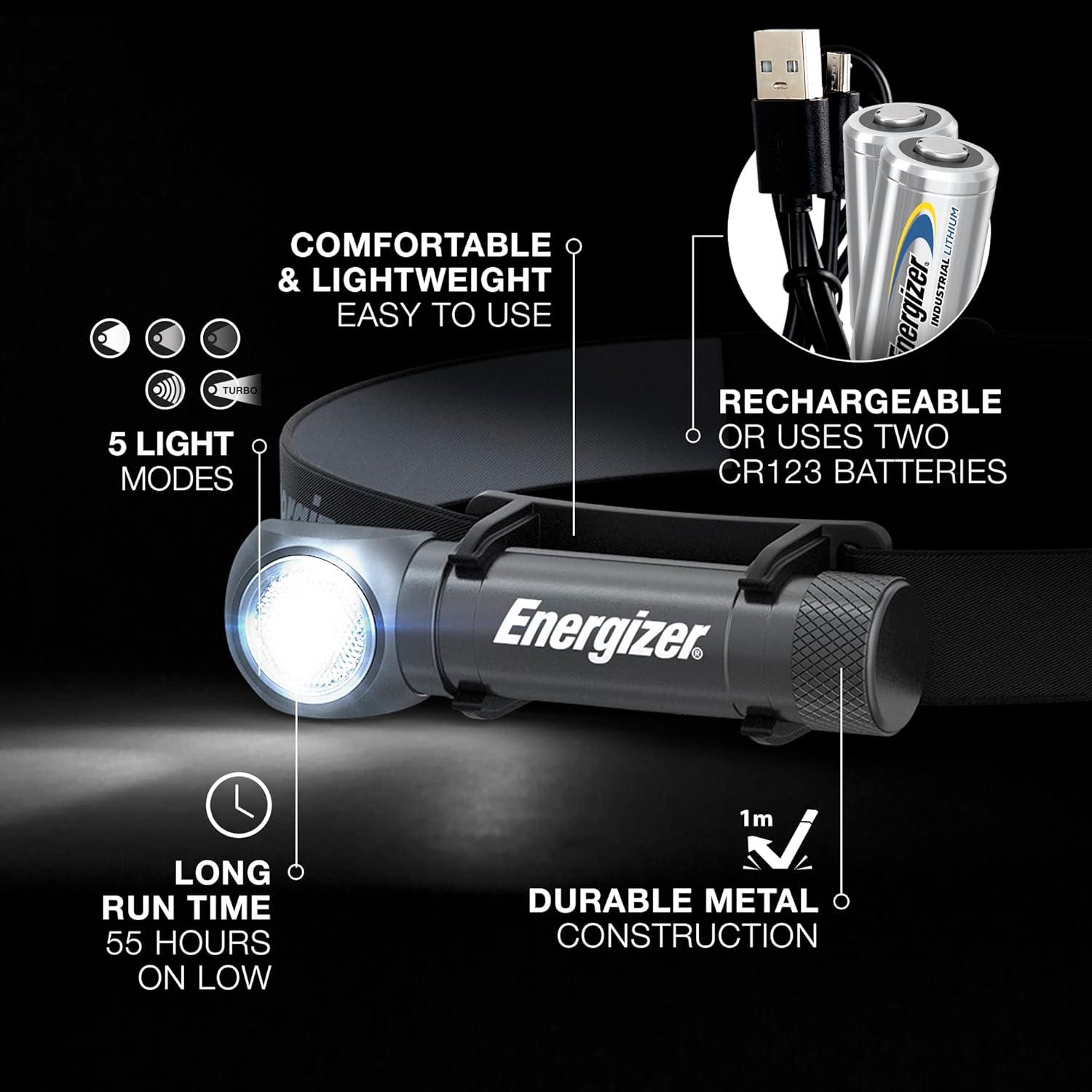 Energizer LED Headlamp Rechargeable X1000, Ultra Bright IPX4 Water Resistant Head Light, 1000 Lumen Turbo Mode, Headlamp for Outdoors, Power Outage Emergency, USB Cable Included