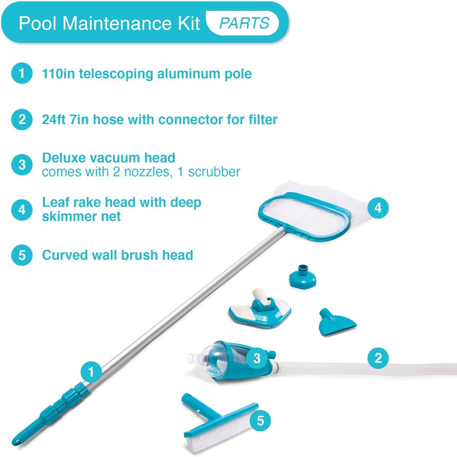 Intex Deluxe Automatic Surface Skimmer Bundled with Maintenance Kit w/ Vacuum & Pole, Swimming Pool Cleaning Tools for Above Ground and InGround Pools