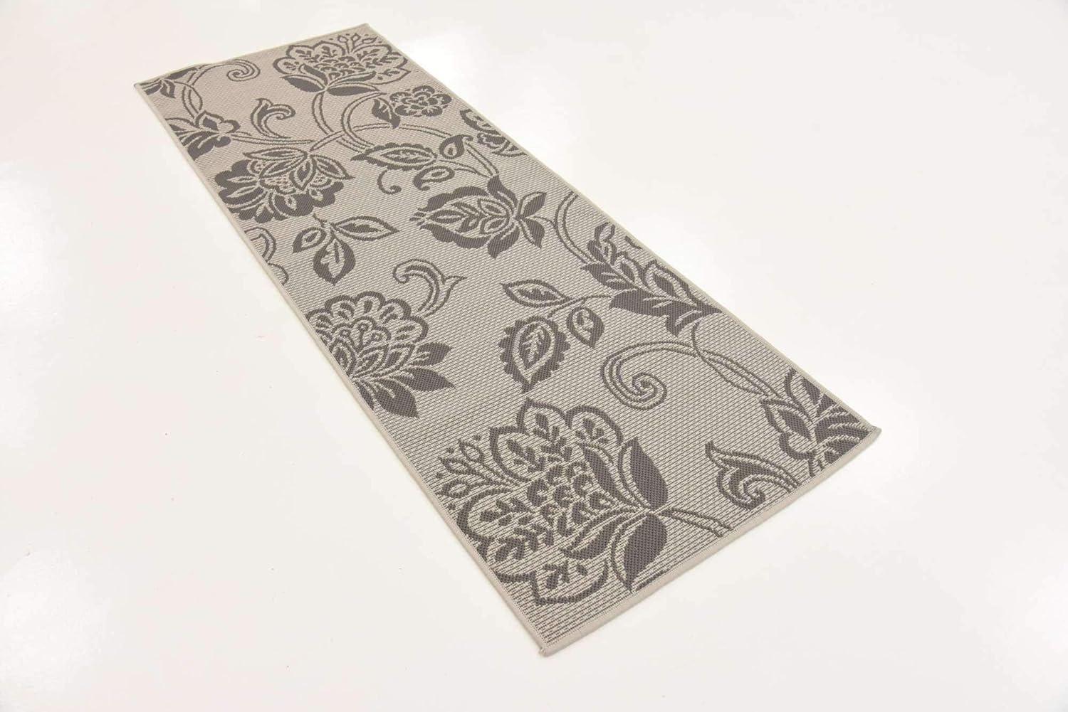 Reversible Gray Outdoor Runner Rug with Botanical Design, Easy-Care Synthetic