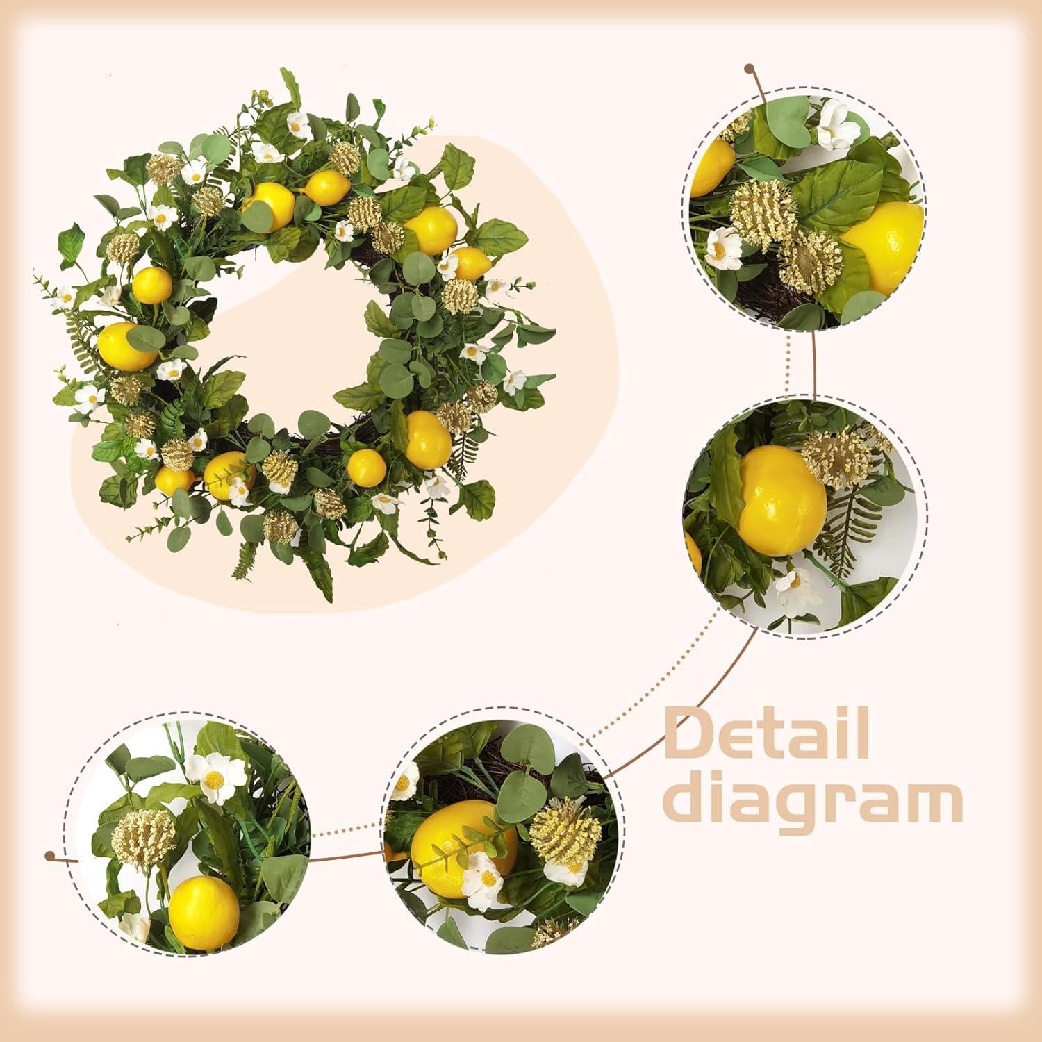Idyllic 22 Inch Summer Yellow Lemon Wreath with Green Leaves for Front Door, Spring Summer Lemon Eucalyptus Wreath for Inside and Outside, Wedding Wild Flowers Decor