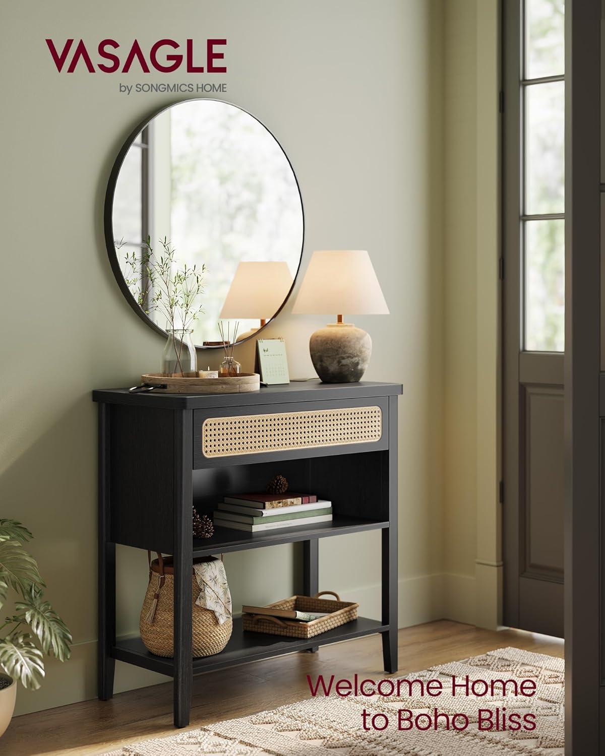 Ash Black Boho Console Table with Storage and Power Outlets