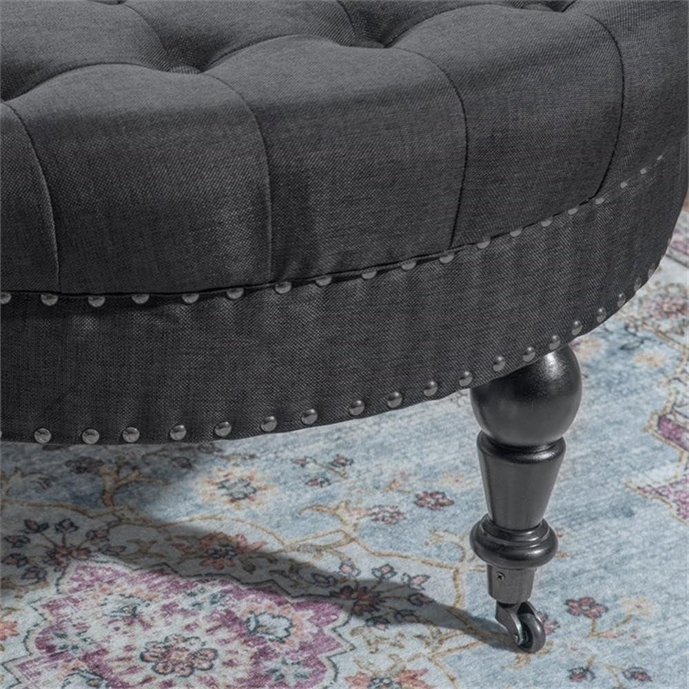 34.6" Isabelle Traditional Round Tufted Upholstered Wheeled Cocktail Ottoman Gray - Linon: Charcoal Linen, Silver Nailhead, Black Legs
