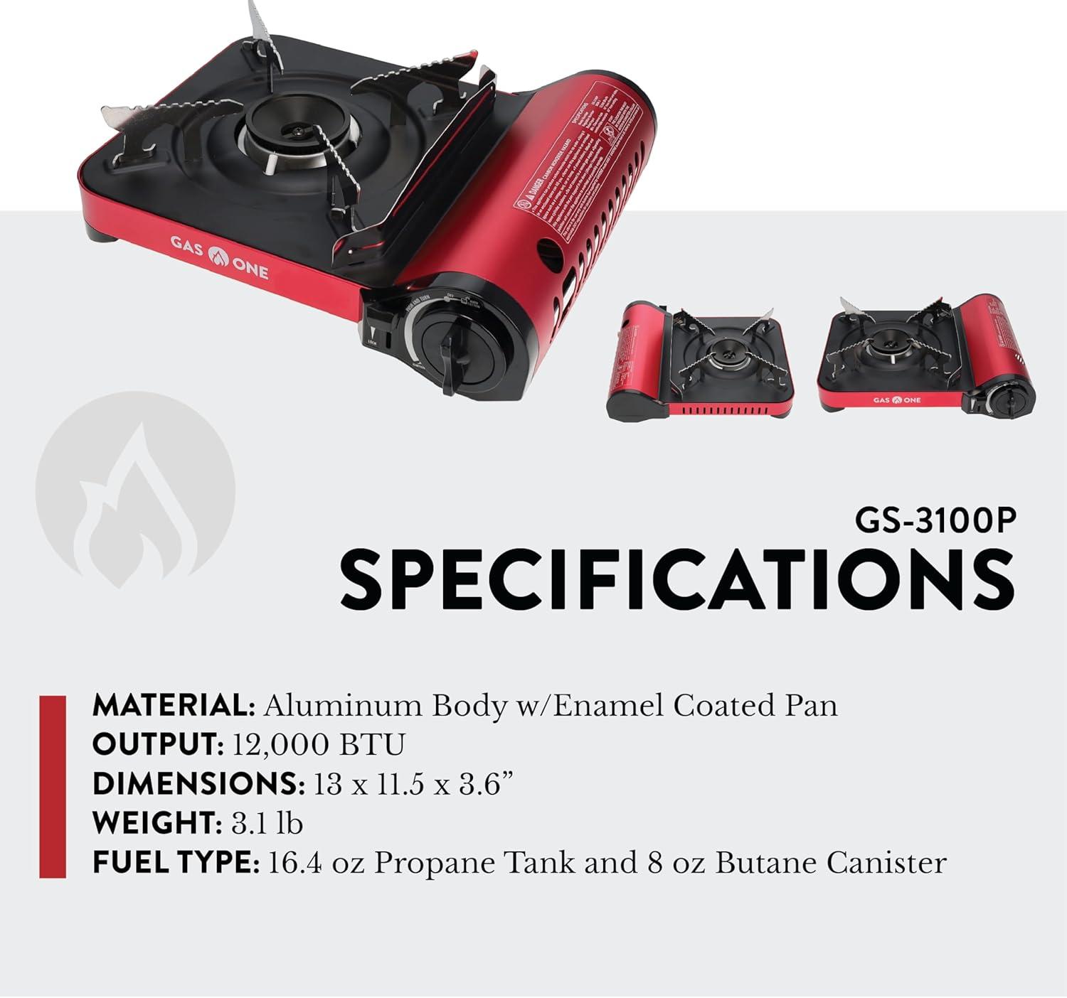 GasOne 12,000 BTU Propane or Butane Stove GS-3100P Portable Dual Fuel Camping Stove Burner