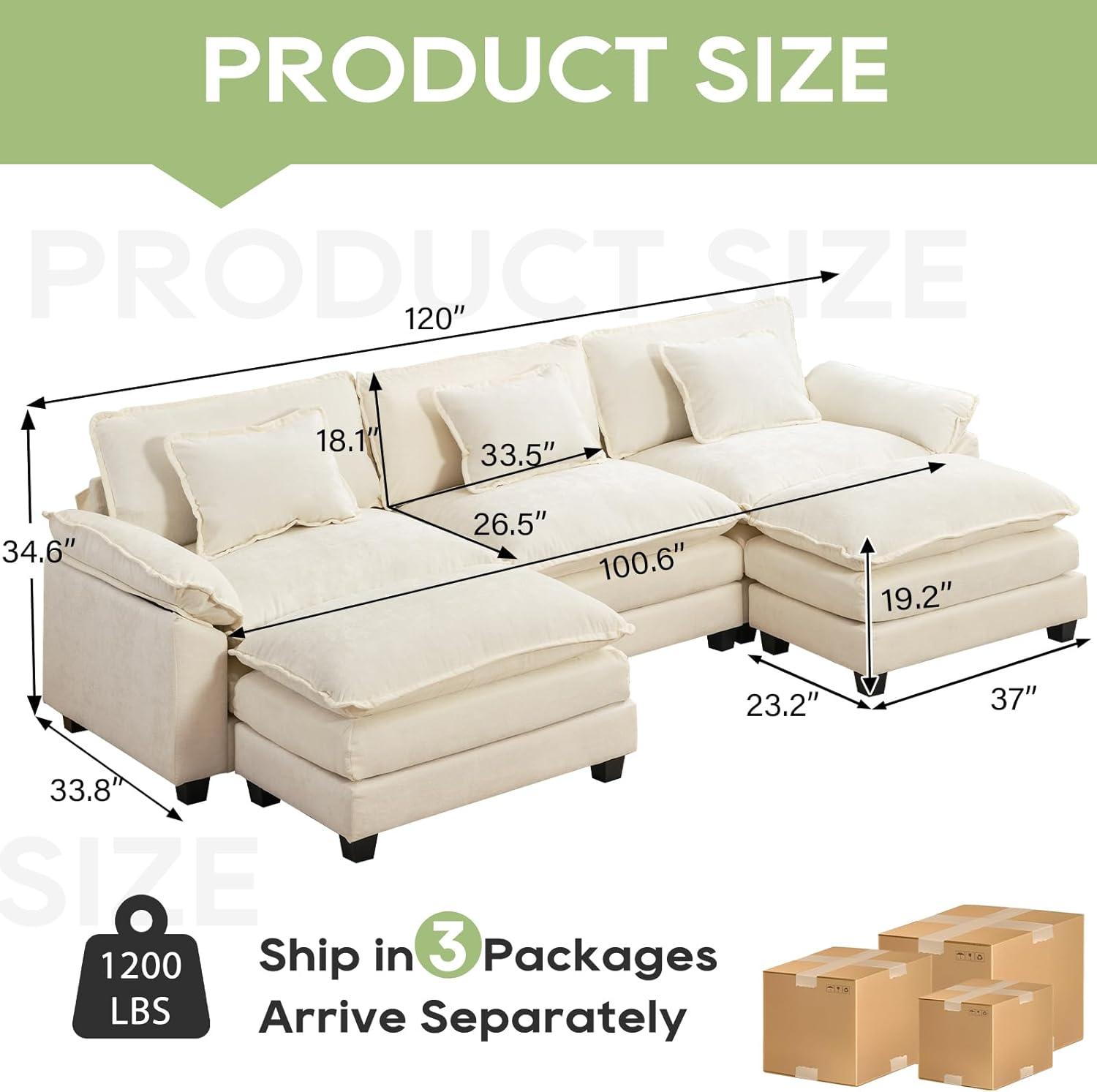 Carbaugh 154" Oversized U Shaped Sectional Sofa, Comfy Cloud Couch Deep Sectional Sofa with Ottomans for Living Room
