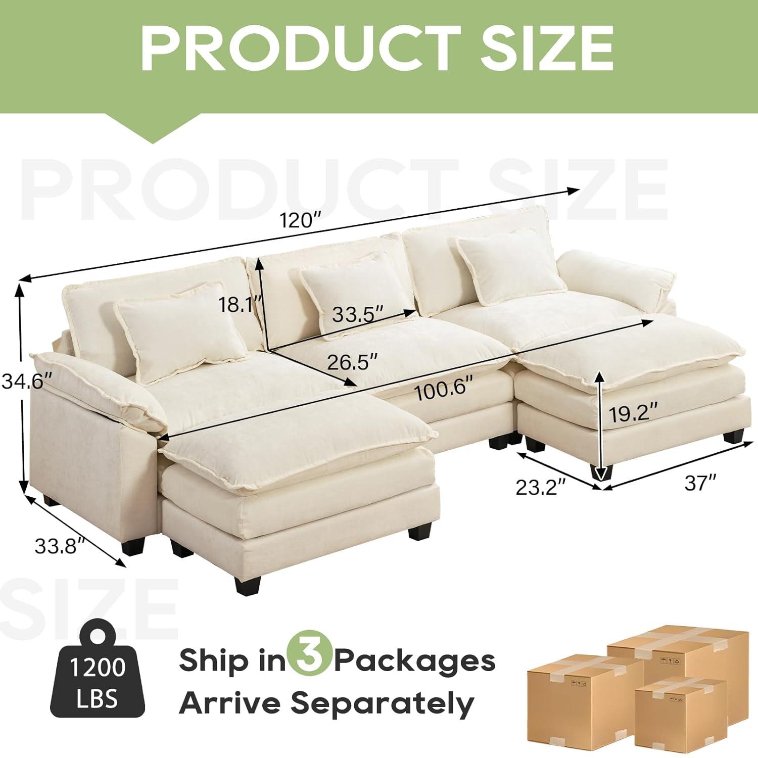 Carbaugh 154" Oversized U Shaped Sectional Sofa, Comfy Cloud Couch Deep Sectional Sofa with Ottomans for Living Room