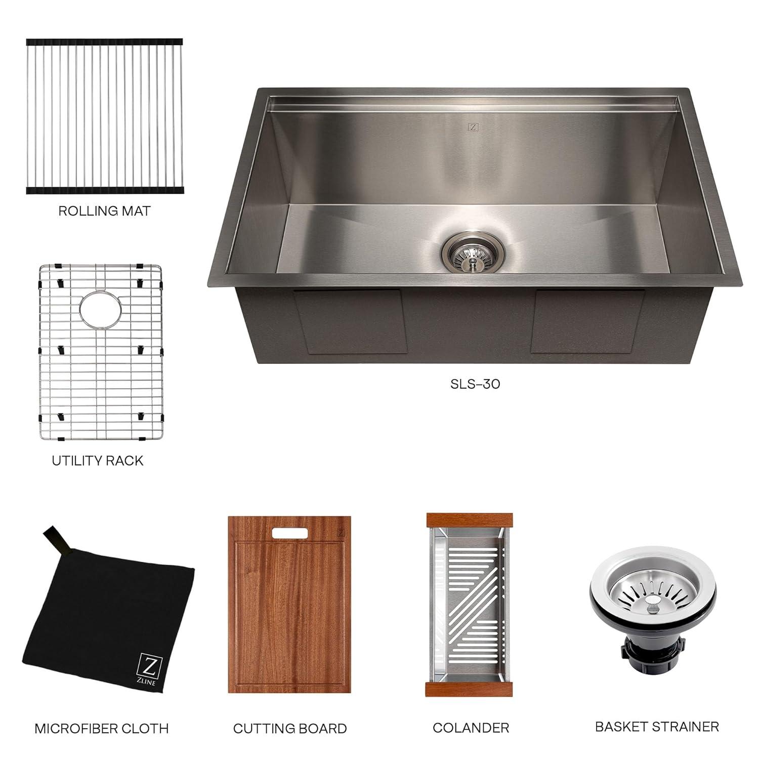 ZLINE 30 in. Garmisch Undermount Single Bowl Stainless Steel Kitchen Sink W/ Bottom Grid & Accessories (SLS-30)