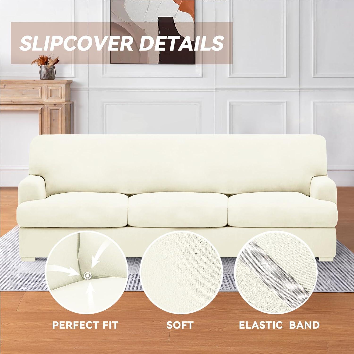 Ivory Stretchable T Cushion Sofa Slipcover Set