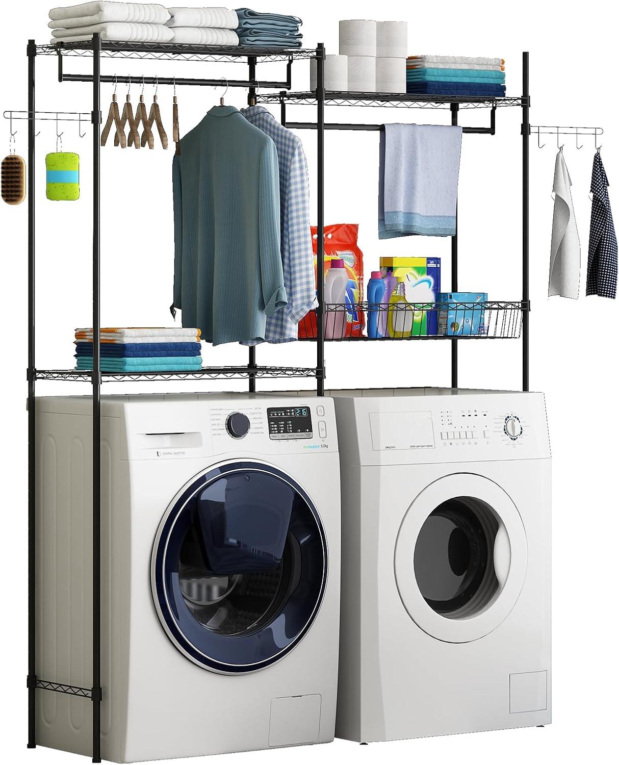 Kselythan Over Washer and Dryer Shelves,57.4" W Heavy Duty Laundry Room Storage Organization Clothes Drying Rack,Height Adjustable Towel Racks with Hamper and Hooks,Space Saving Shelf
