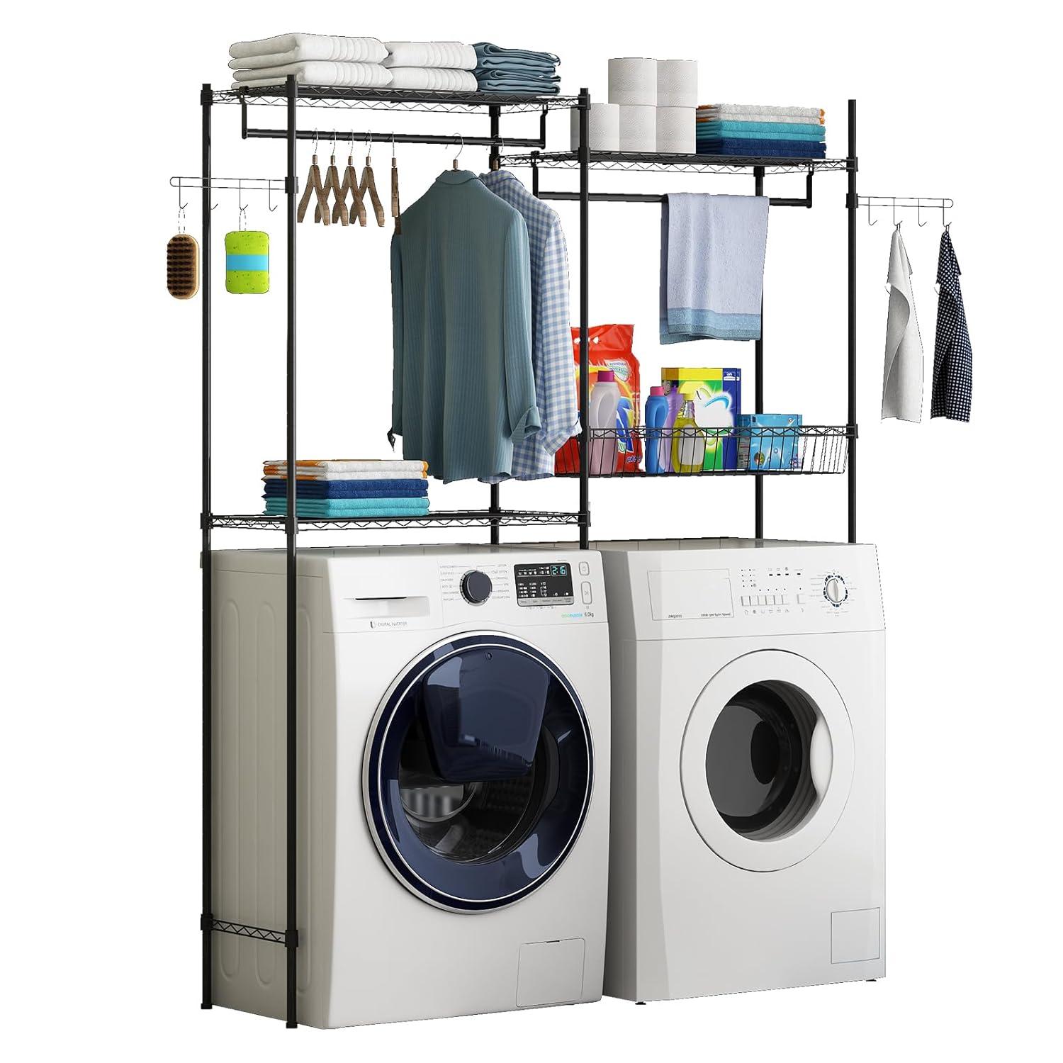 Kselythan Over Washer and Dryer Shelves,57.4" W Heavy Duty Laundry Room Storage Organization Clothes Drying Rack,Height Adjustable Towel Racks with Hamper and Hooks,Space Saving Shelf