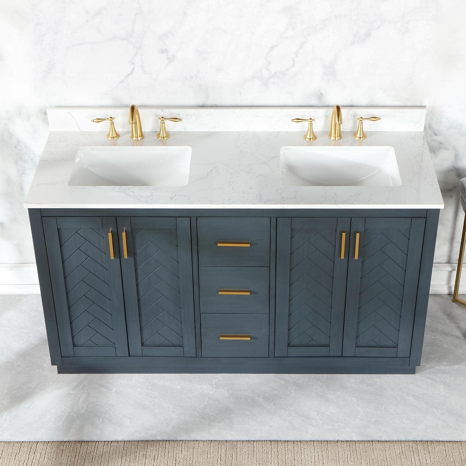 Gazsi 60" Double Bathroom Vanity Set in Charcoal Blue with Grain White Composite Stone Countertop without Mirror