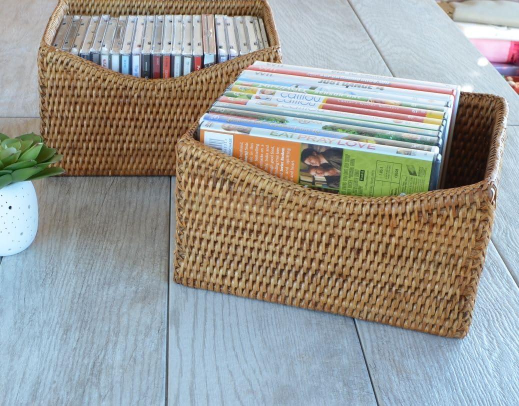 Kouboo La Jolla Rattan Organizing & Shelf Basket, Hand Woven Basket For Shelves, Foldable Cube Storage Baskets Bins, Pantry, Honey Brown