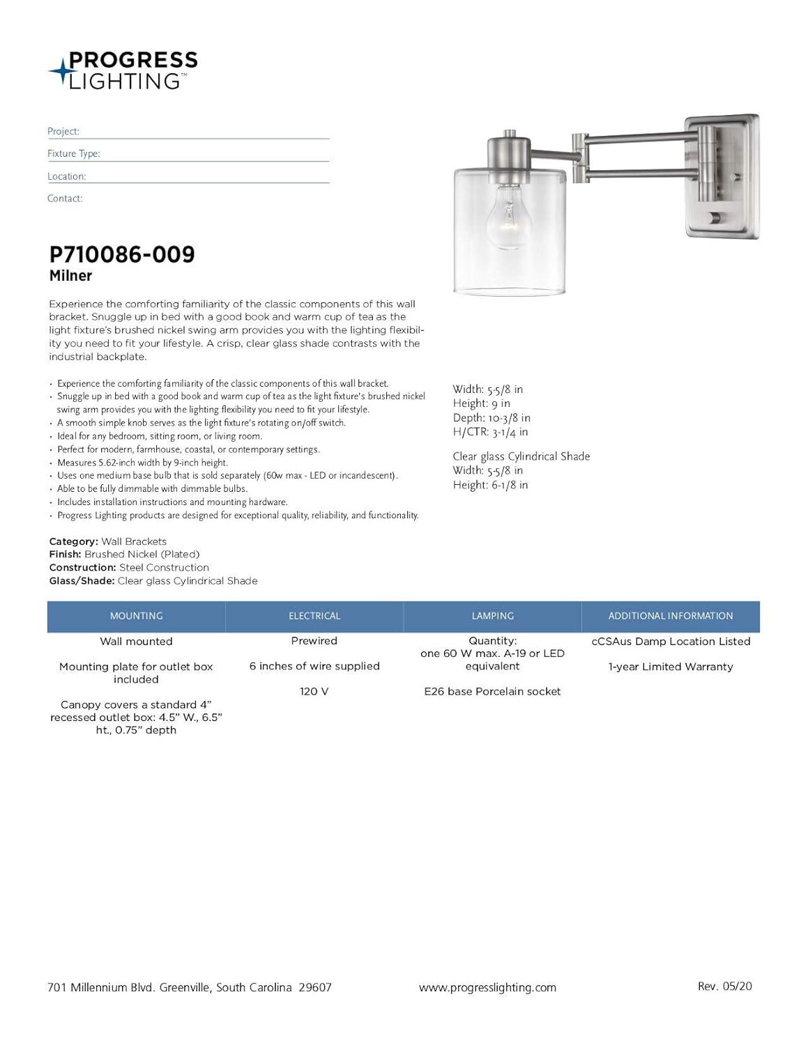 Progress Lighting Milner 1-Light Wall Bracket, Brushed Nickel, Clear Glass Shade