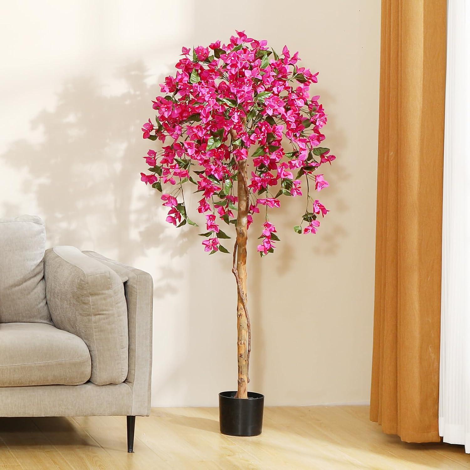 5FT Artificial Bougainvillea Tree Potted Fake Plant with Wood Trunk and Pink Flowers for Indoor Office Wedding Home Decor