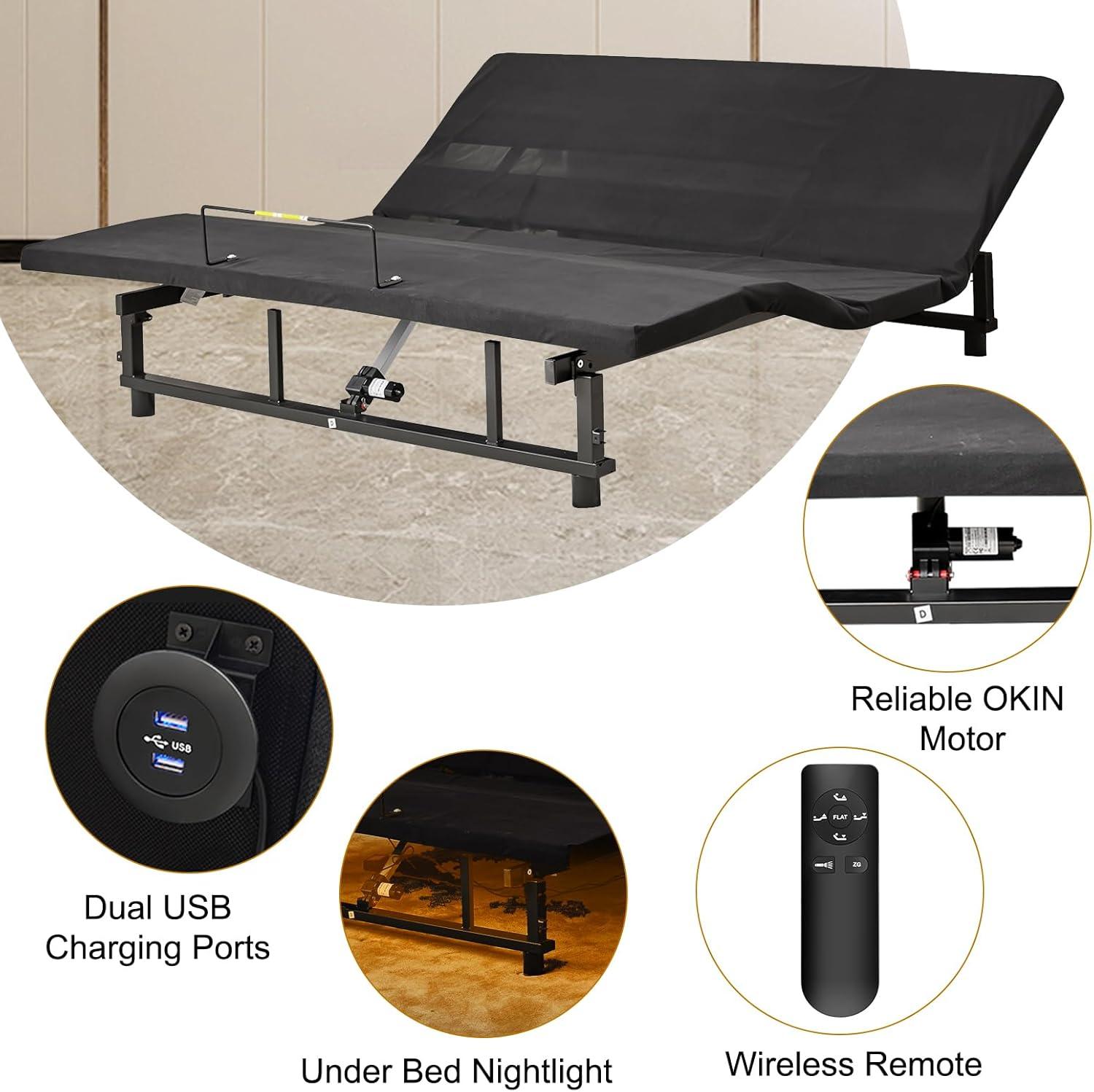 Donext Adjustable Bed Base, King Bed Frame, Independent Head and Foot Incline, Quiet Motor, Wireless Remote Control, Electric Bed Base, Black