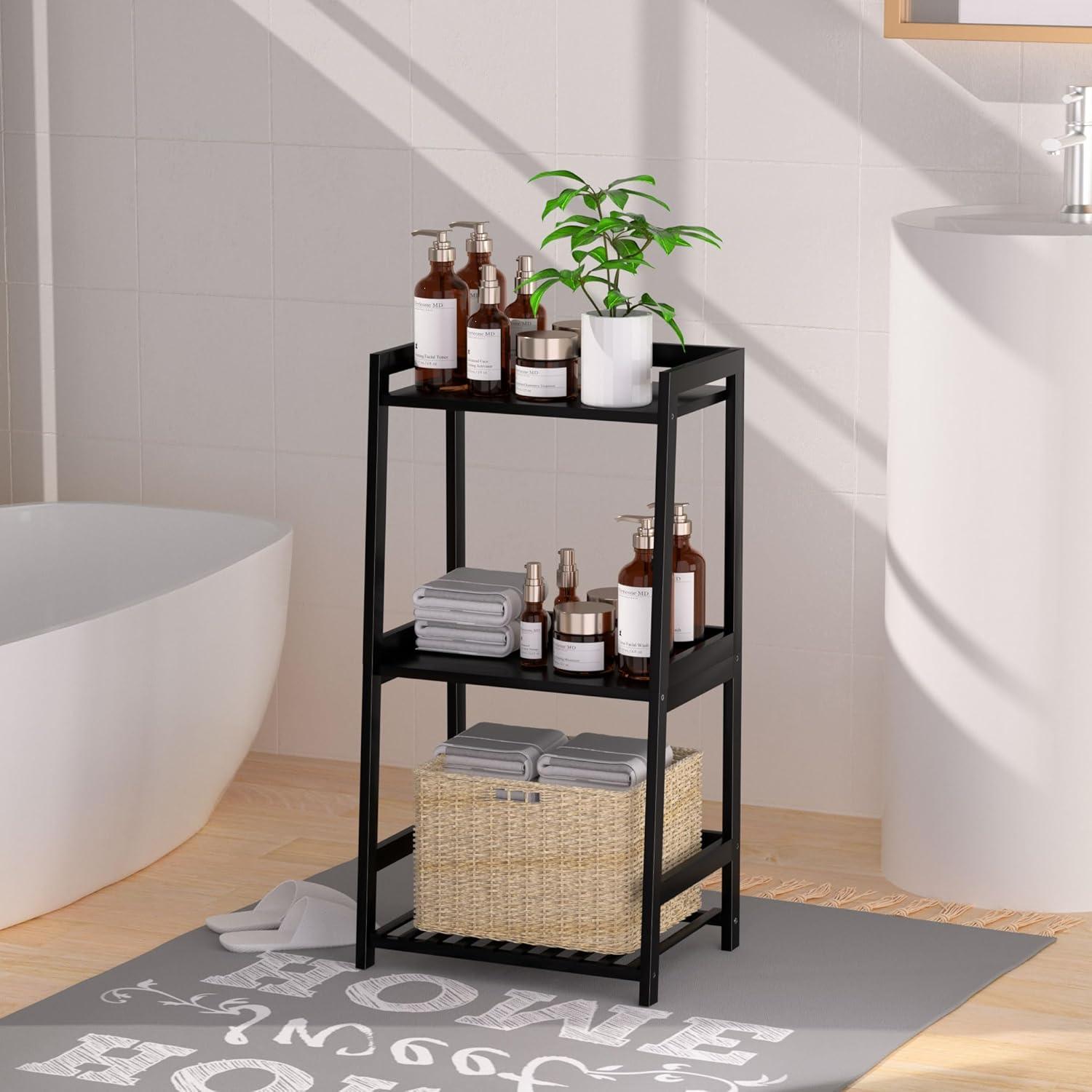 Bathroom Shelves, 3 Tier Ladder Shelf Bamboo Nightstand Open Shelving, Bookshelf Bookcase End Table Plant Stand for Living Room, Bedroom, Bathroom, Kitchen, Balcony