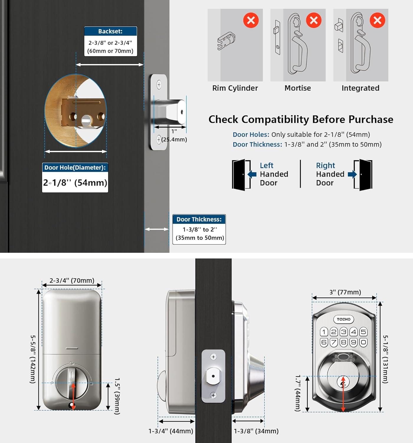 Teeho Fingerprint Keypad Keyless Entry Smart Door Lock, Electronic Deadbolt, Easy Installation, Satin Nickel, Size:
