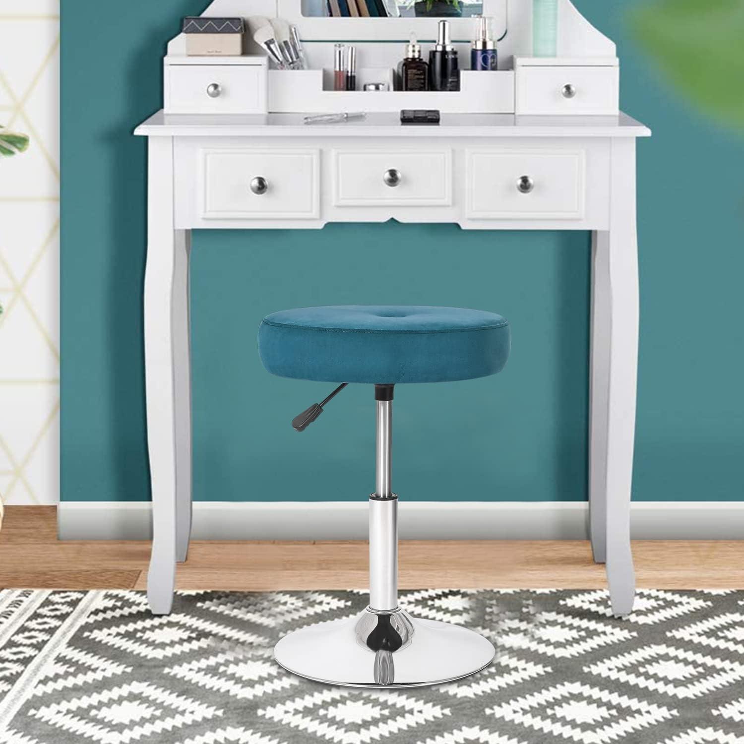 Adeco  Adjustable Velvet Round Ottoman Swivel Vanity Stool Makeup Chair Teal